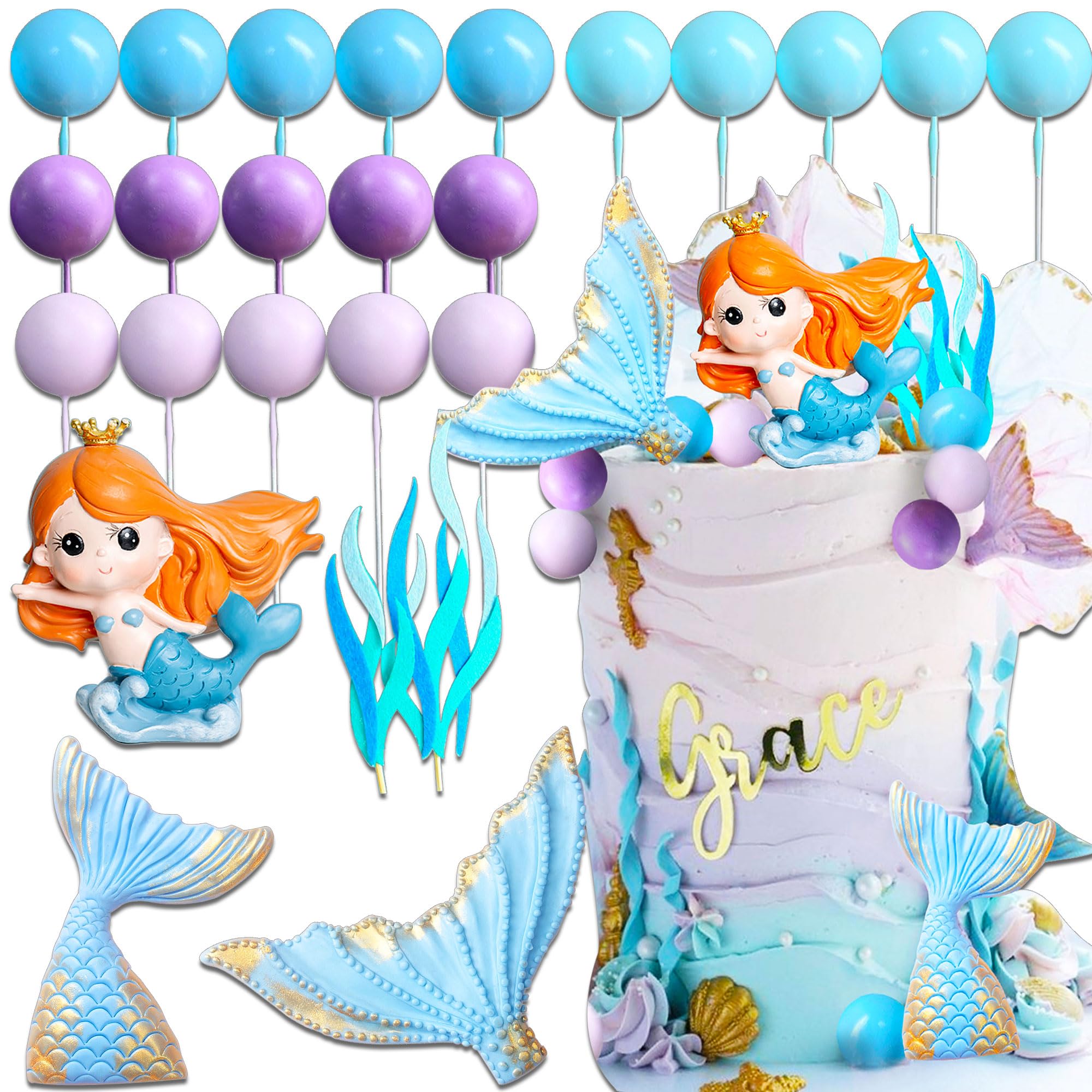 Laventy 25 PCS Little Mermaid Cake Topper Purple Blue Balls Cake Topper Under the Sea Cake Decoration Seashell Cake Decoration Mermaid Tail Party Supplies