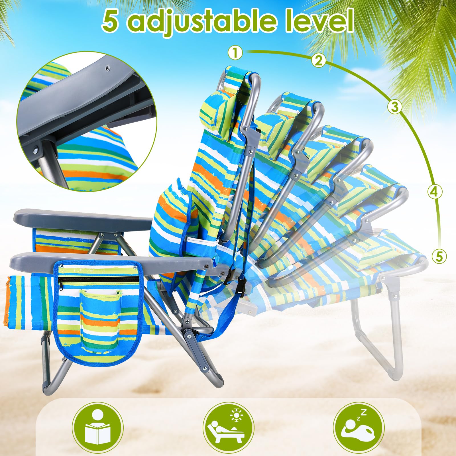 LIFERUN Strandstuhl 2er Set mit Rucksackfunktion, Tragbarer Outdoor Klappstuhl für Sand, Verstellbar Hohe Rückenlehne, mit Armlehne Lendenkissen Kopfstütze Seitentaschen, Campingstuhl Faltbar, Grün