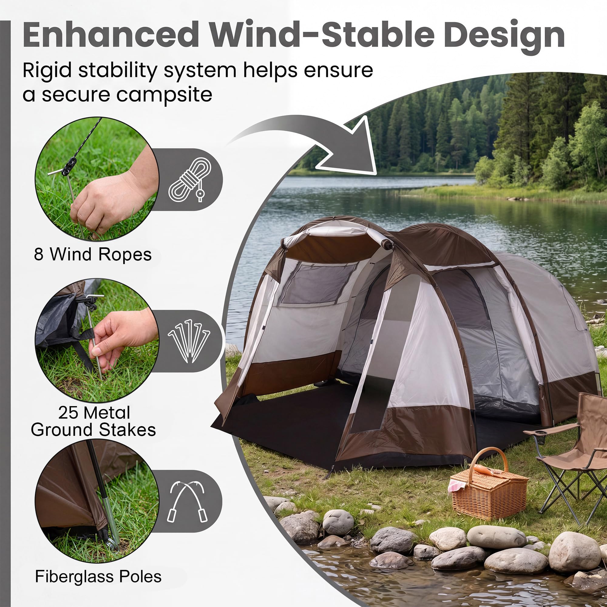 HOMASIS Tente de Camping avec Auvent 4-6 Personnes pour Famille, Tente Tunnel avec Salon et Porche, Sac de Transport, pour Camping, Voyage, 450 x 330 x 202CM