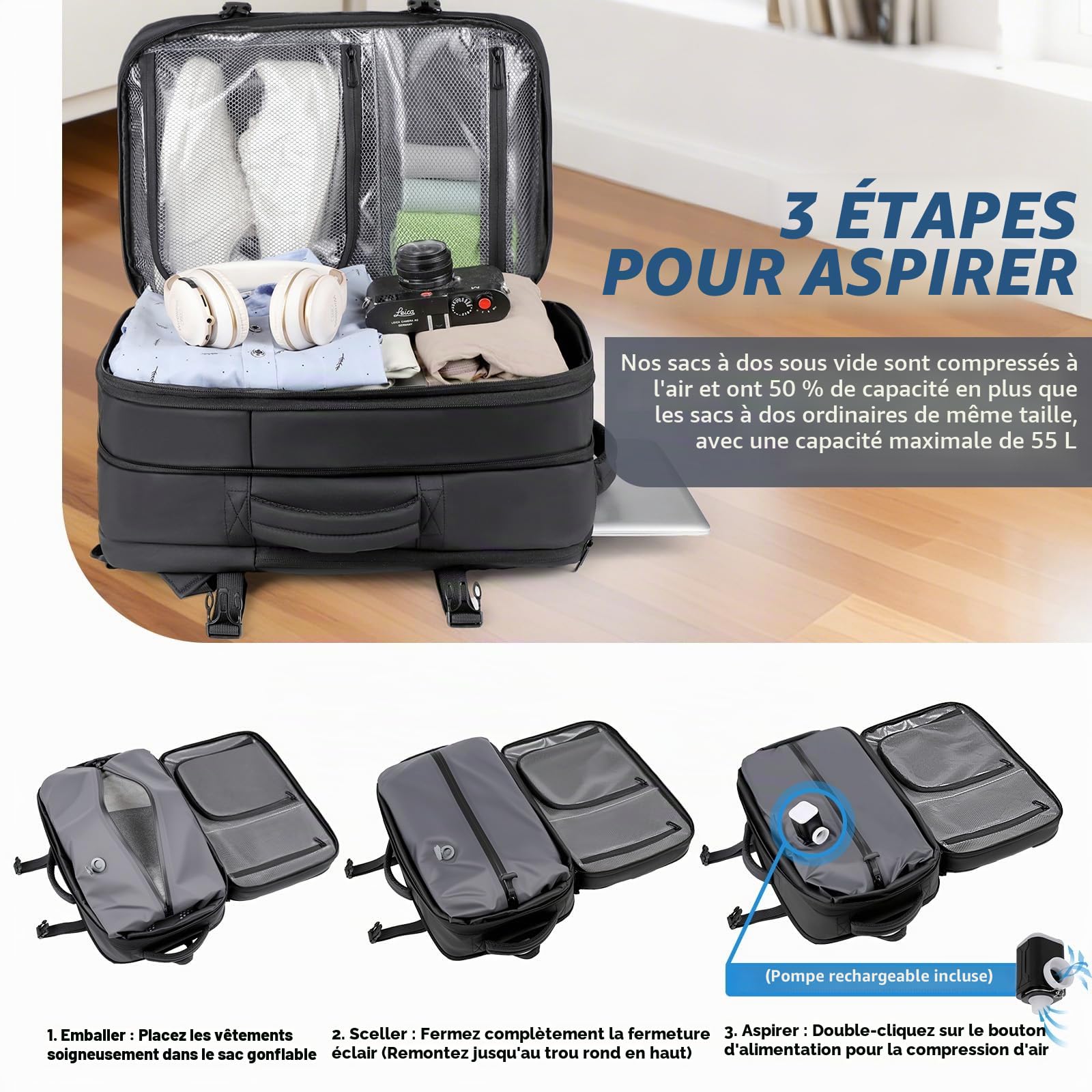 Vacuum Backpack Easyjet Cabin Bag 45x36x20Large Travel Backpack Expandable Personal Carry On Bag Airbag with Pump