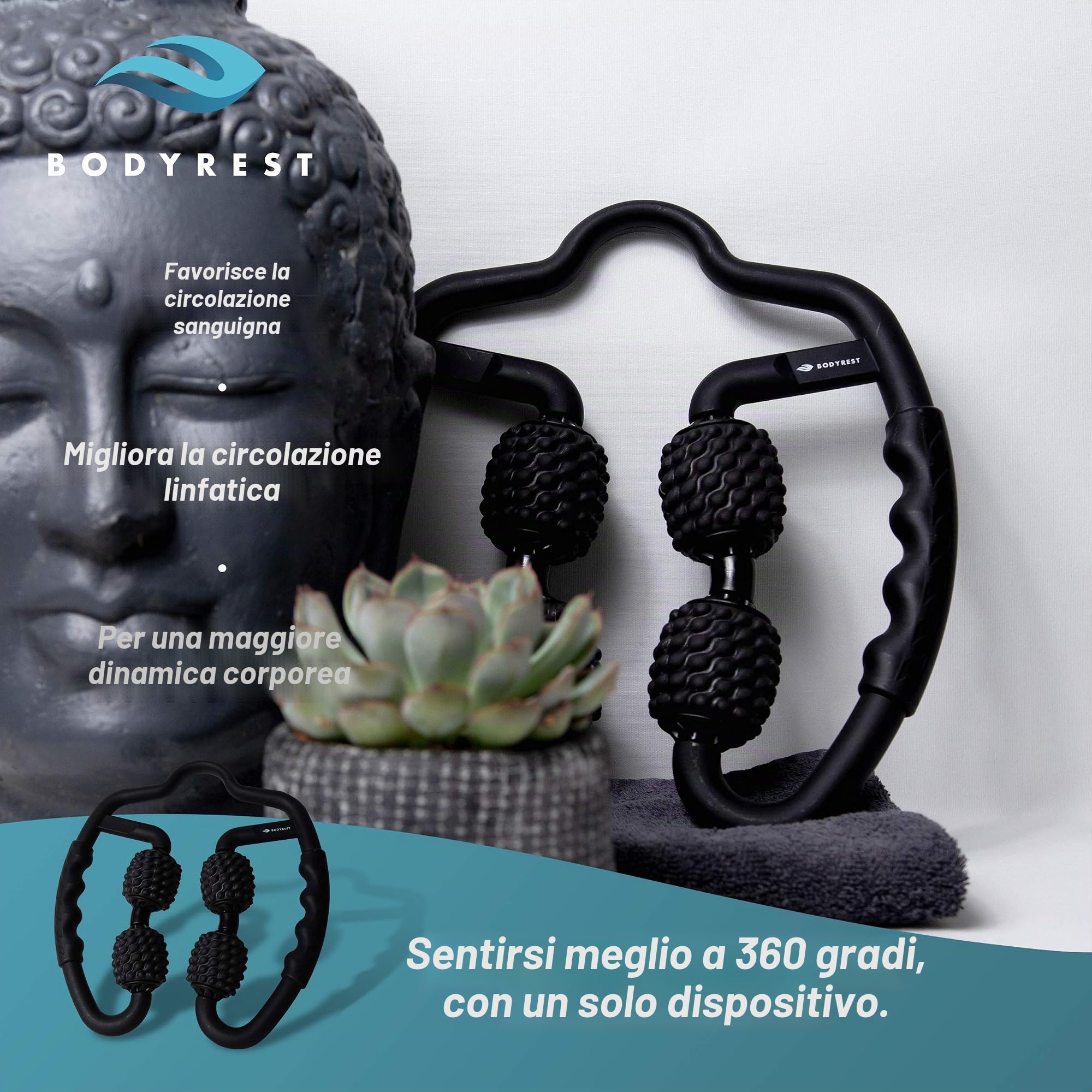 BODYREST - Rullo massaggiante muscolare, rullo fasciale e auto-massaggio, anti-cellulite, collo, spalle, cosce, gambe e braccia. Rilassamento intorno al mondo della fascia