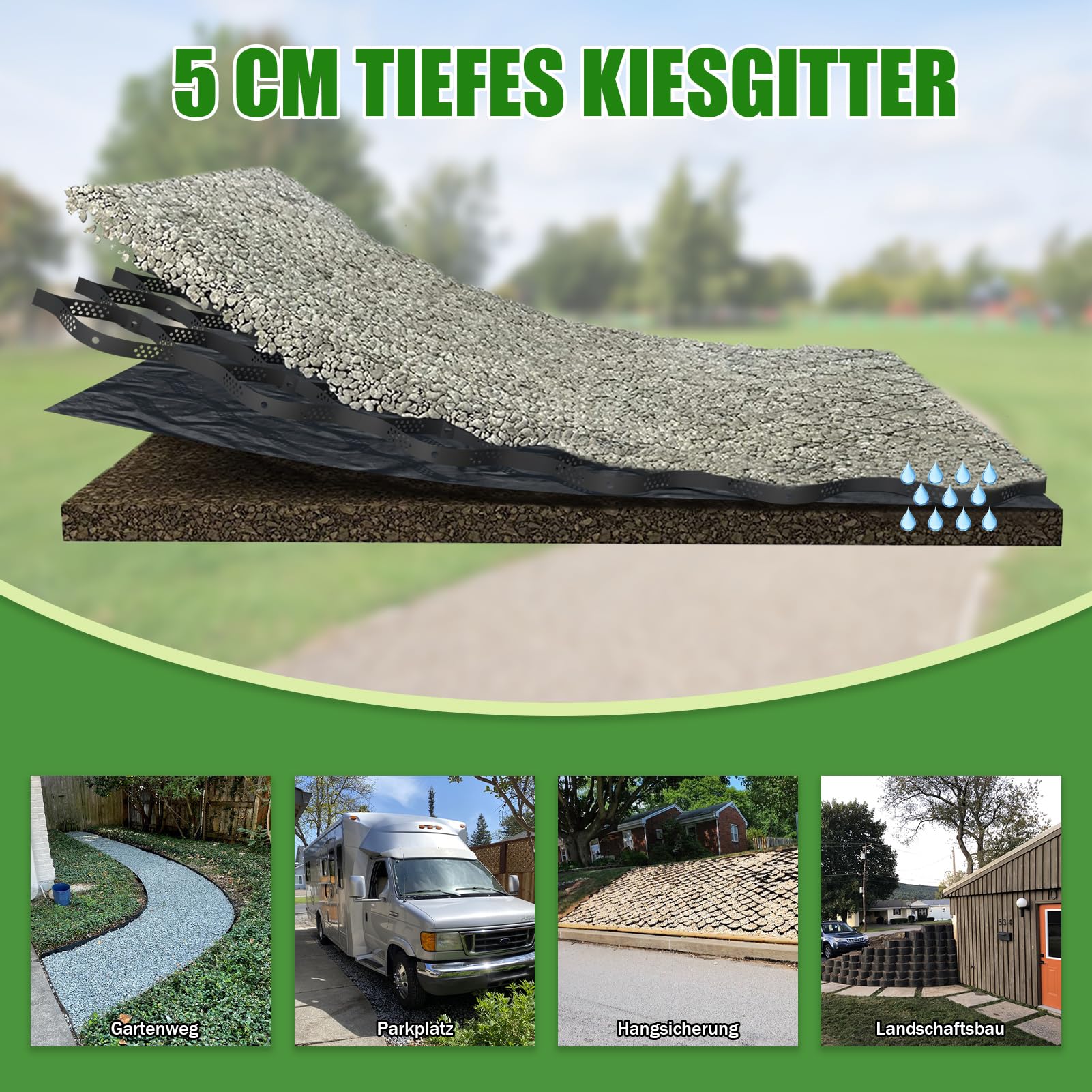 5 cm Dickes Kies-Bodengitter, 2 x 5 m – Geogitter-Gitter zur Stabilisierung von Einfahrten, Kies-Haltegitter, 800 kg pro Quadratfuß, Geocell-Geogitter für Gehwege, Wohnmobil-Parkplätze