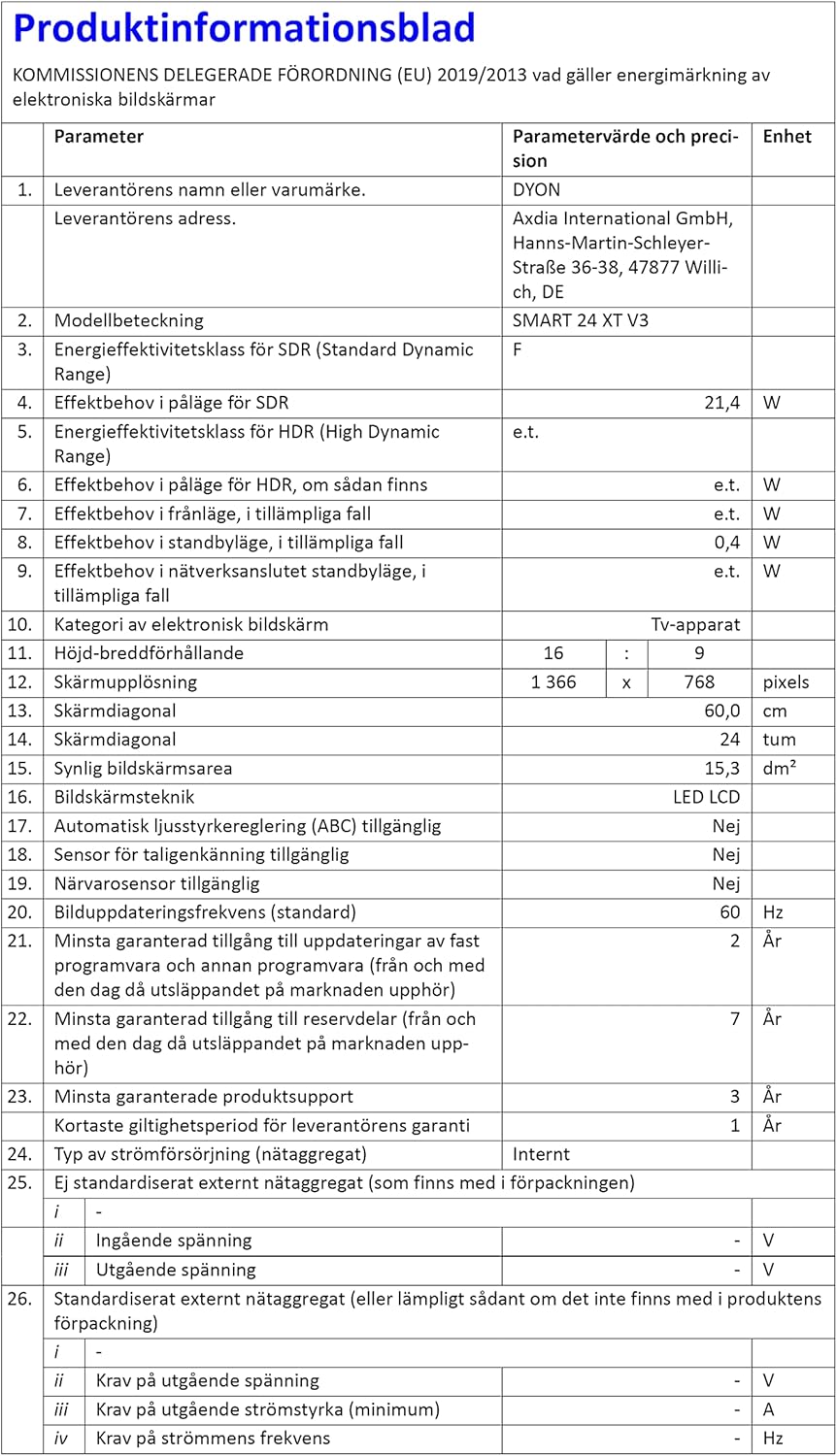 DYON Smart 24 XT 60 cm (24 pollici) TV (Smart TV HD, Triplo sintonizzatore HD (DVB-C/-S2/-T2-HEVC10), Prime Video, Netflix, YouTube, WLAN, Modalità Hotel) DYON Smart 24 XT 60 cm (24 pollici) TV (Smart TV HD, Triplo sintonizzatore HD (DVB-C/-S2/-T2-HEVC10), Prime Video, Netflix, YouTube, WLAN, Modalità Hotel)