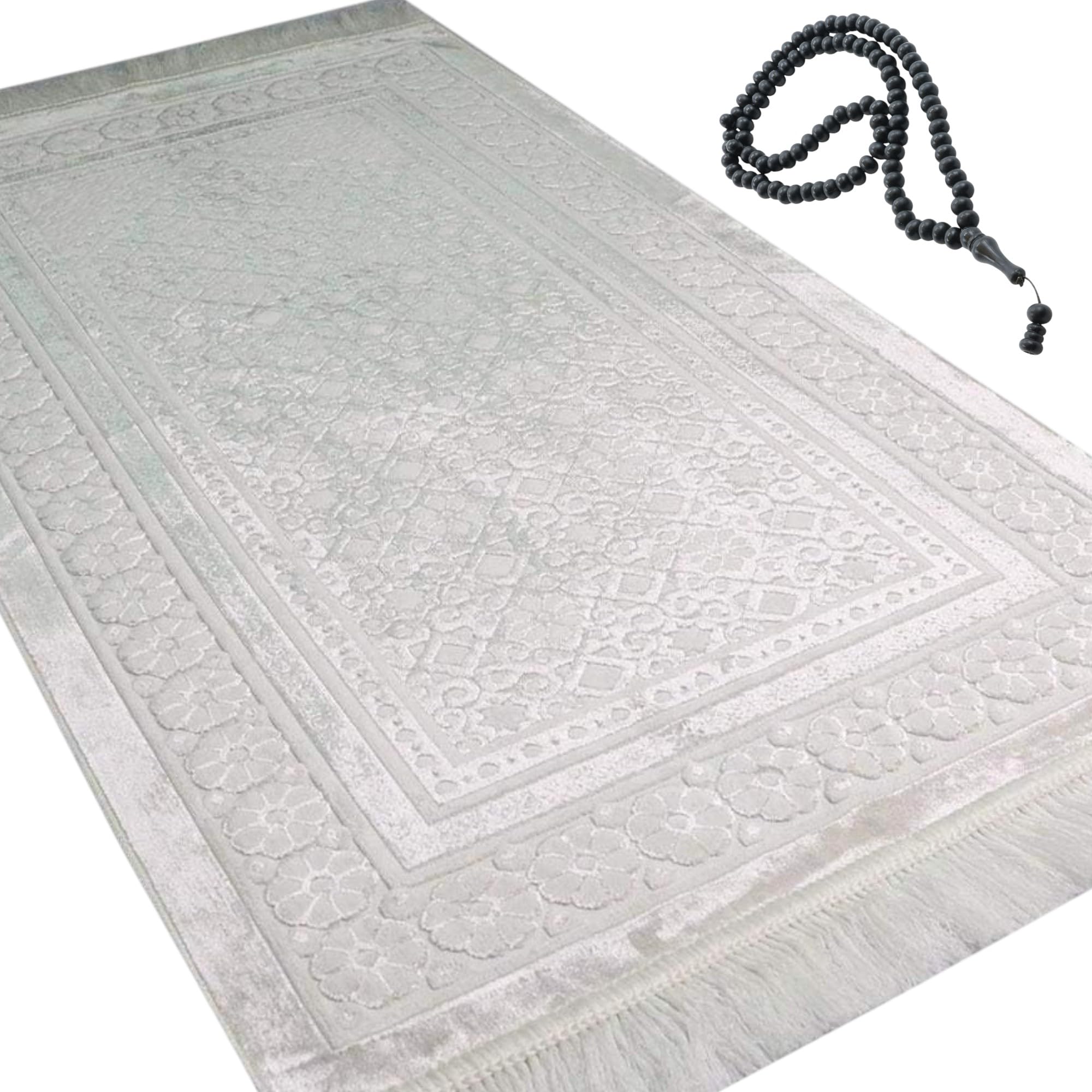 Modefa Velvet Prayer Rug - Soft Plush Turkish Janamaz Sajada Carpet for Men and Women - Plain Solid Prayer Mat Ramadan Eid Gift - with Prayer Beads - Luxury Floral Stamp (White)