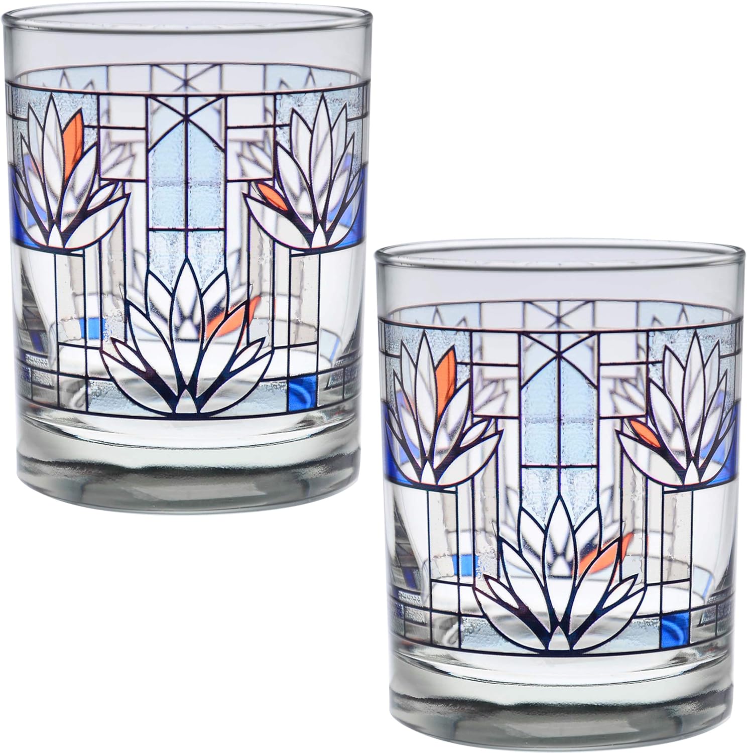 Culver Frank Lloyd Wright DOF Double Old Fashioned Glass 14-Ounce (Gift Boxed Set of 2, Waterlilies)