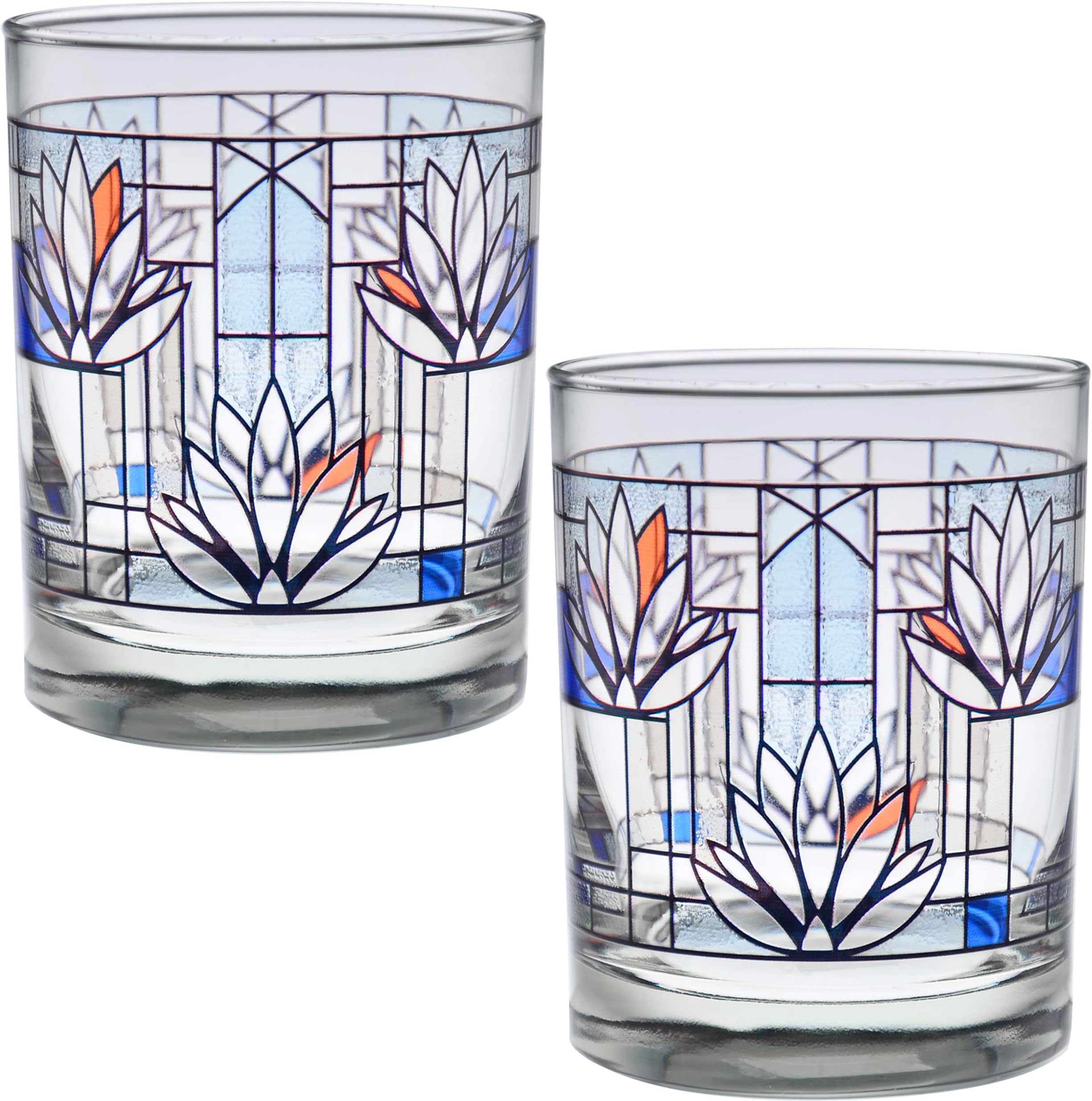 Frank Lloyd Wright DOF Double Old Fashioned Glass 14-Ounce (Gift Boxed Set of 2, Waterlilies)