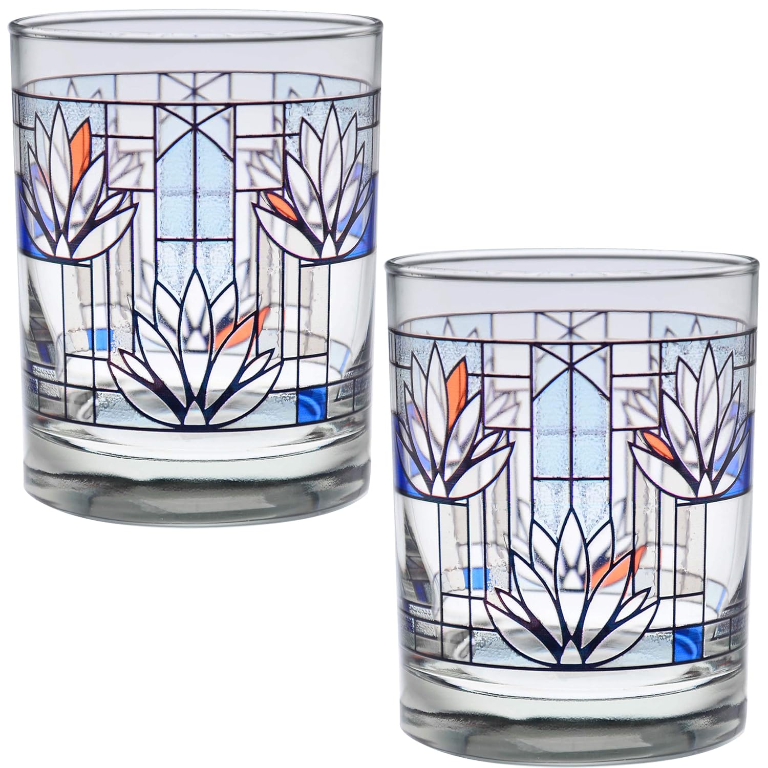 Culver Frank Lloyd Wright DOF Double Old Fashioned Glass 14-Ounce Gift Boxed Set of 2 Waterlilies