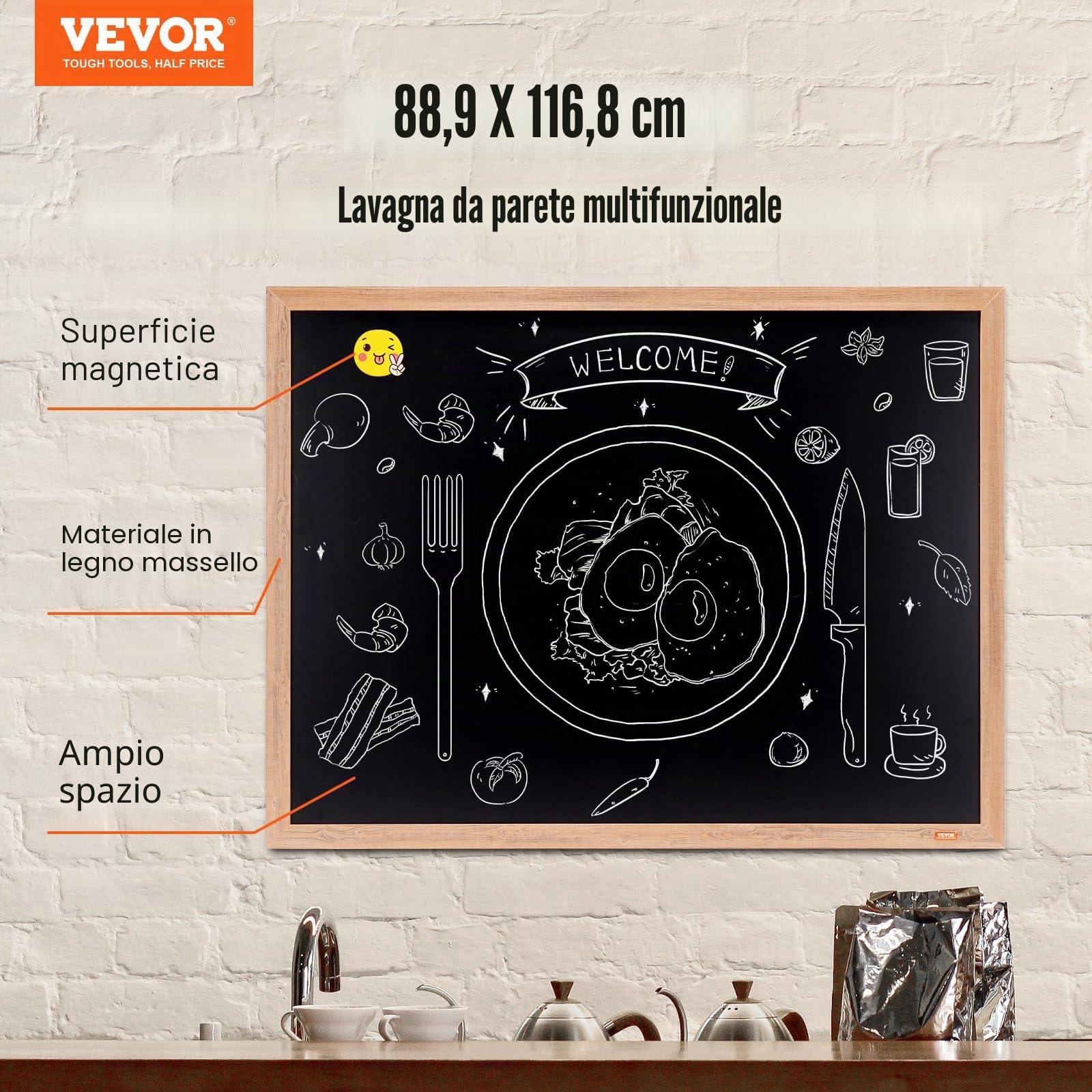 VEVOR Lavagna Magnetica Nera da Parete con Pennelli Cancellino Magnetico 889 x 1168 mm per Ristorante Osteria Evento Festa, Lavagna Nera a Gesso Magnetica Murale 5,2 kg per la Menù da Ristorante Bar