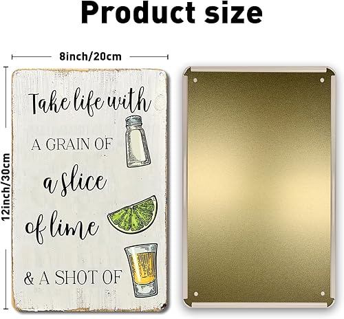 Miniatura 2 de Letrero de lata retro con texto en inglés "Take Life with a Grain of Sal, A Wedge of Lime and a Shot of Tequila" para póster de pared para el hogar,