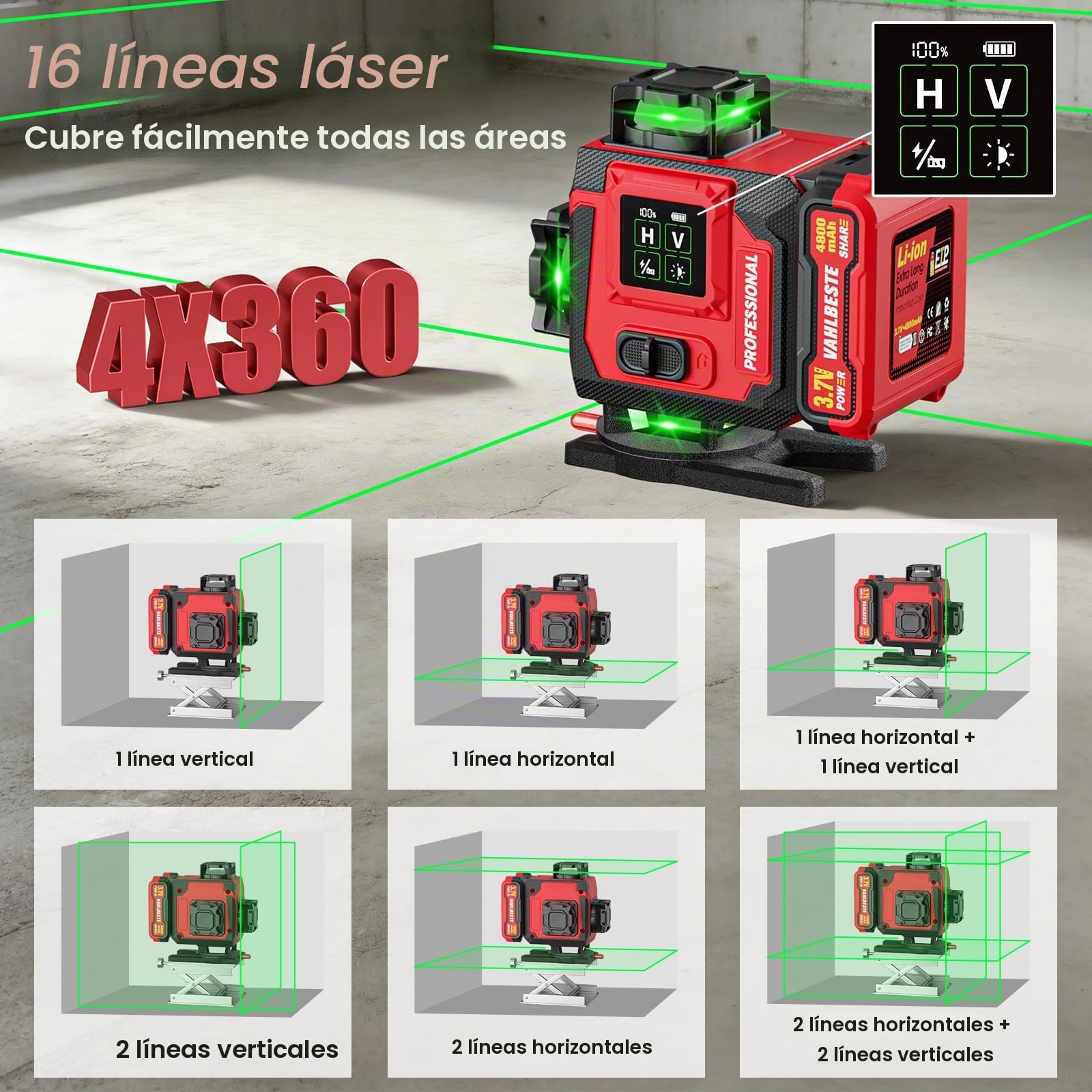 Nivel Laser Autonivelante 360 Grados, 16 Líneas Laser Verde con Tripode,APP