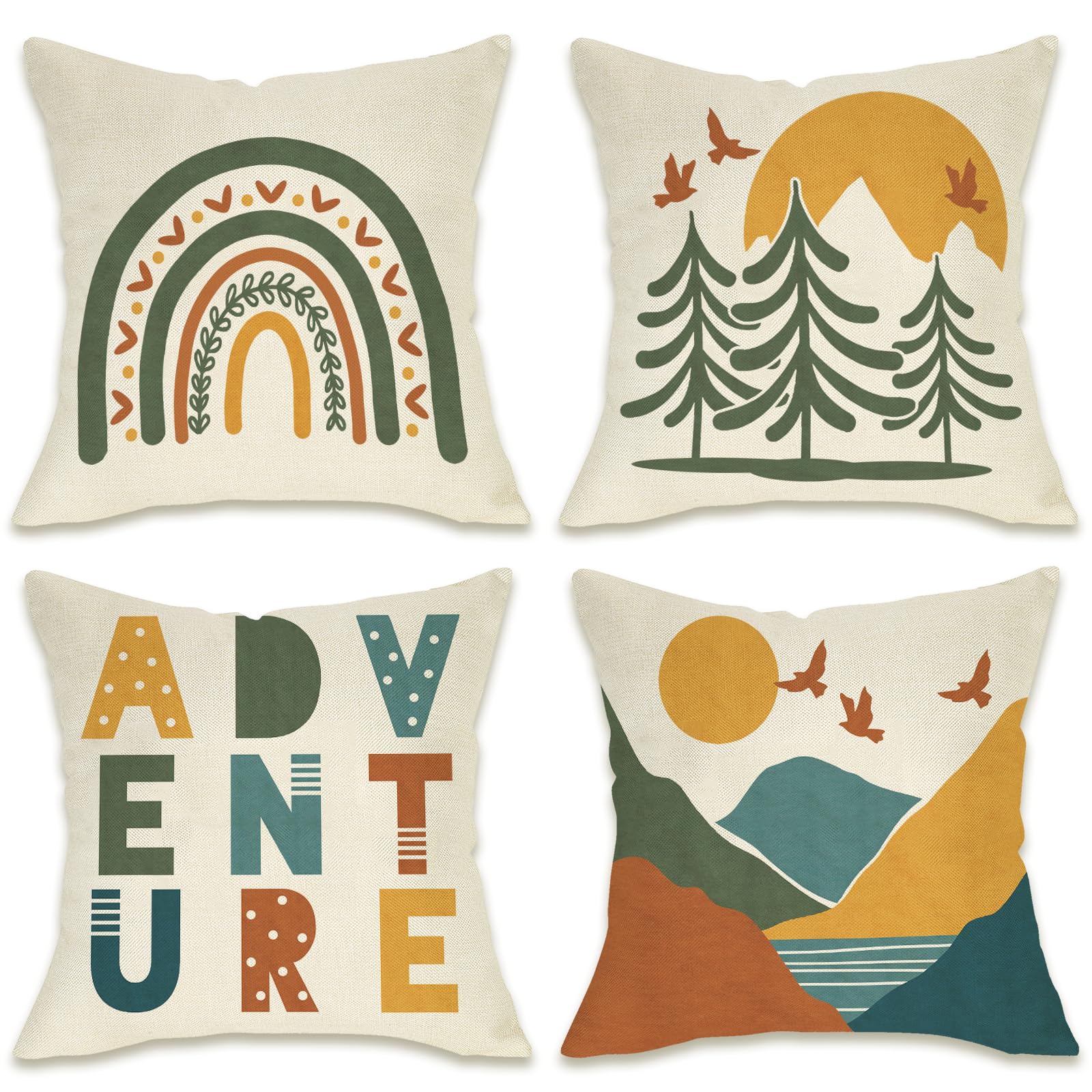 Fahrendom Boho Adventure Decorative Throw Pillow Covers 16 x 16 Set of 4 Bohemian Rainbow Mountain Forest Porch