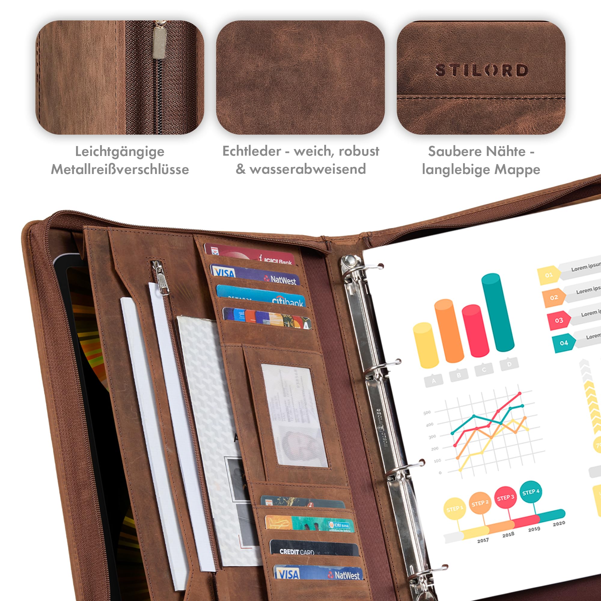 STILORD Don Dokumentenmappe A4 Leder Braun Konferenzmappe mit Ringbuch Vintage Echtleder Mappe Tablet Tasche 11 Zoll Ledermappe Groß Aktenmappe Breit für Arbeit Büro Business