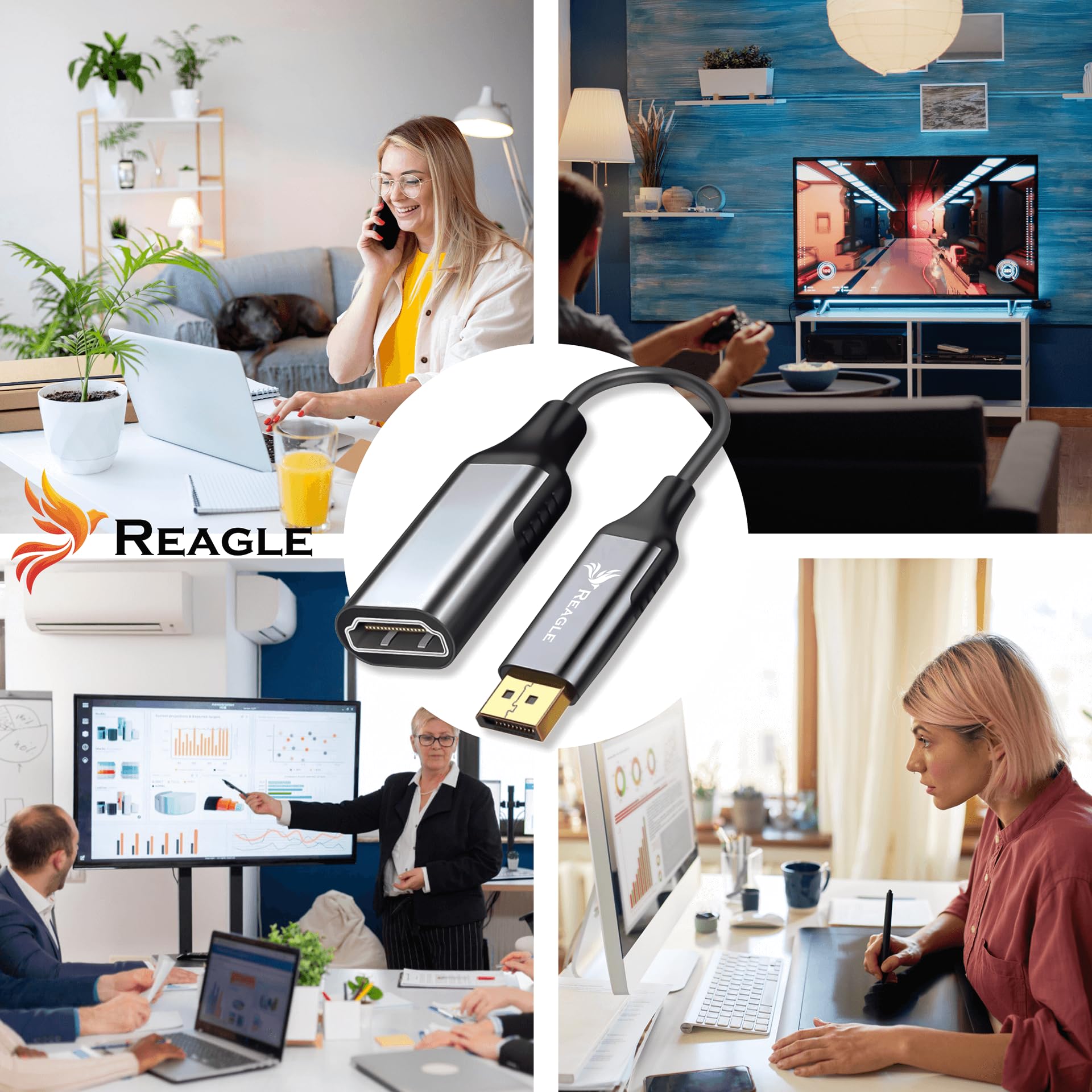 Reagle Adapter DisplayPort Do HDMI 2.0 4K 60Hz HDR – Kabel DP Do HDMI Full HD 240Hz, Adapter Monitor TV Projektor, Plug & Play, Pozłacane Złącza