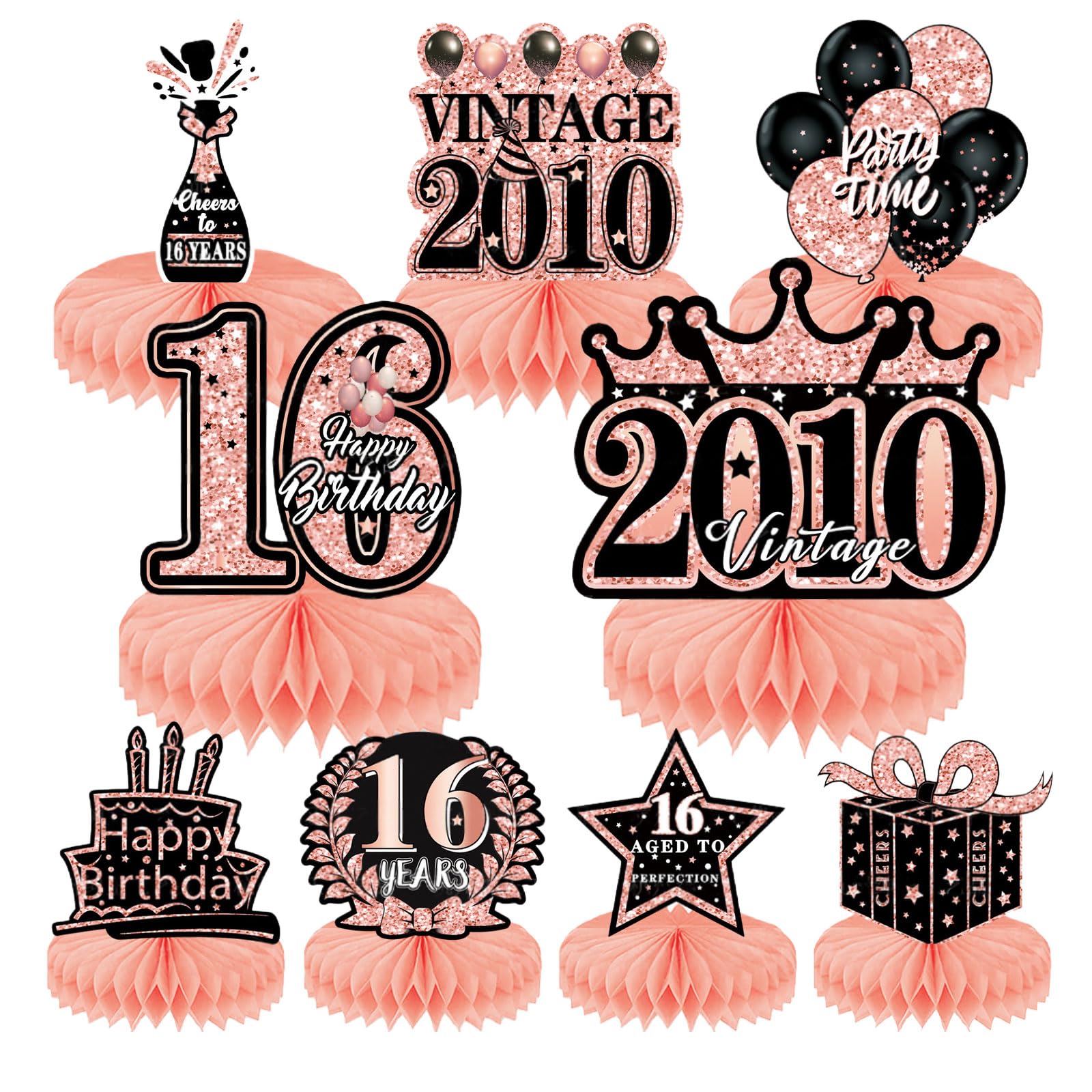 Bubaxuce 9 Pieces Rose Gold Sweet 16 Birthday Decorations Honeycomb Table Centerpieces For Girls, Pink Happy Sixteenth Birthday Table Decoration Accessories 16th Table Si