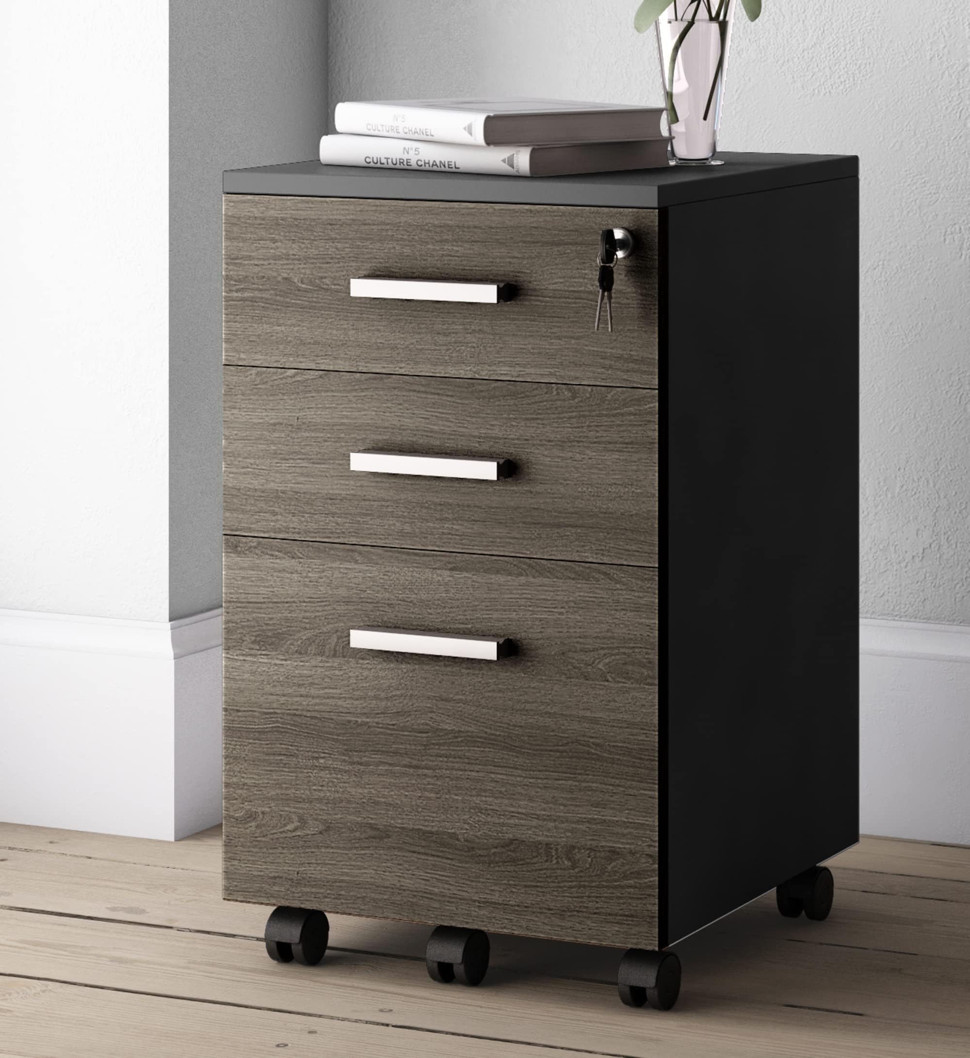 Modern Design Lazio File Cabinet, Filing Cabinets for Home Office, Drawers for Under Desk, Locking 3 Drawer Rolling Wood Filing Cabinet with Lock, Black and Grey, by Crafts and Comfort