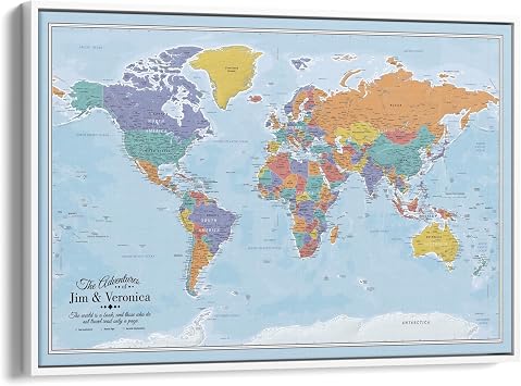 Blue Oceans World Push Pin Map Canvas Personalized Travel Gift Framed Wall Decor White Float Frame 30" x 45"