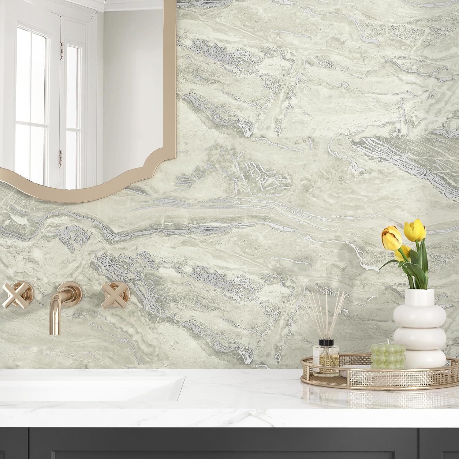 Matte Beige Silver Marble Contact Paper Peel and Stick Countertops Modern Removable Marble Wallpaper Vinyl for Kitchen Backsplash Desk Cabinets Bathroom Walls Beige Granite Countertop Paper