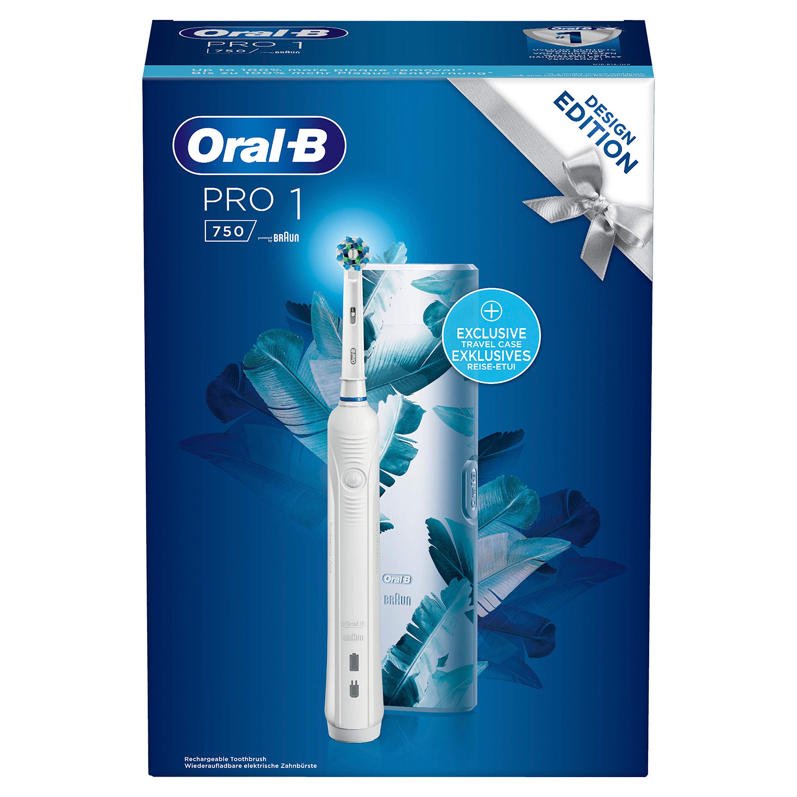 Oral-B Cepillo de dientes eléctrico Pro 1-750, con temporizador integrado, sensor de presión, 1 cabezal, batería de litio, funda de viaje, idea de regalo, diseño de edición especial, blanco