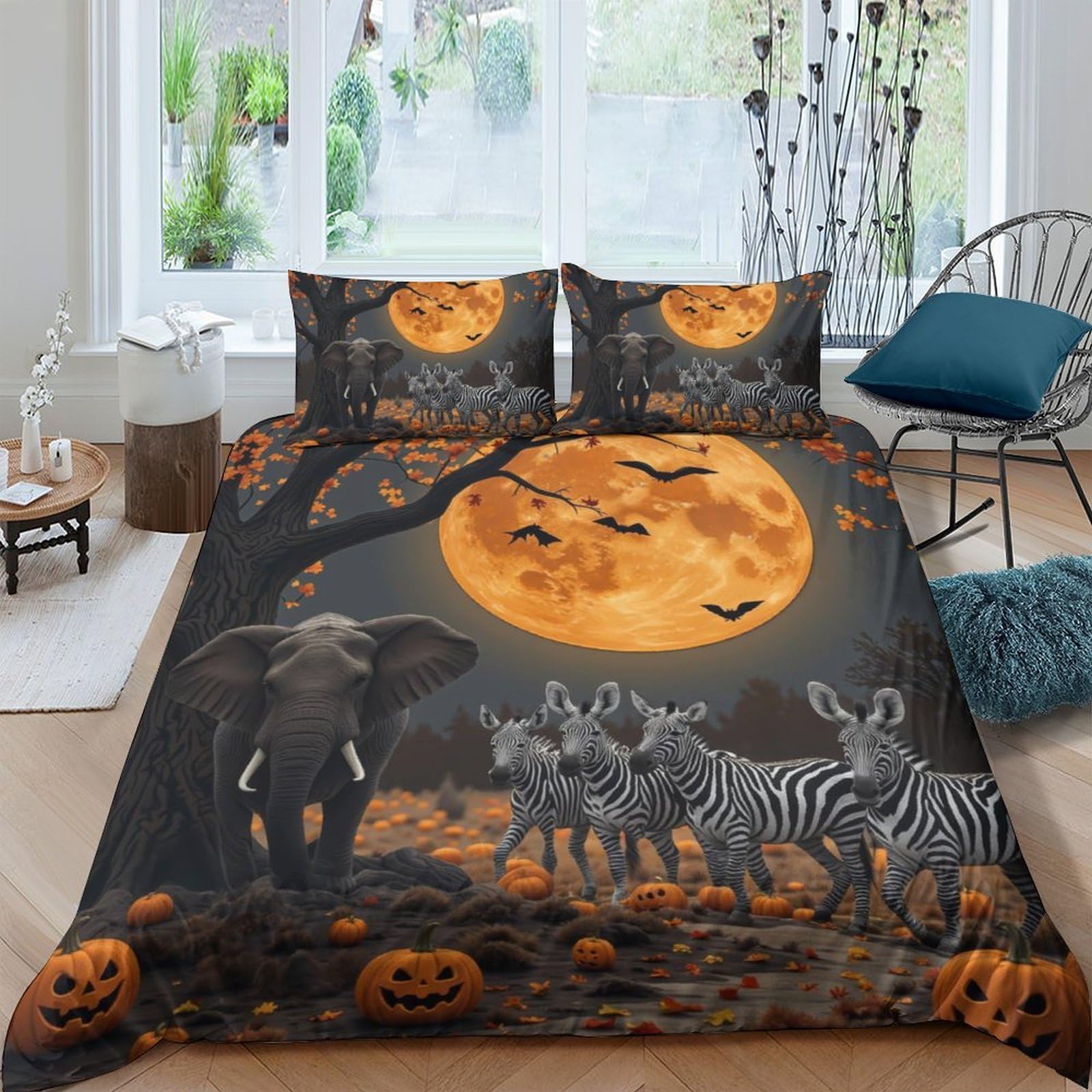 Ctjqhvkz Style-7 3D Printed Halloween Safari Fitted Sheet Microfiber Orange Moon Zebra Elephant Mattress Cover Bedroom Decor Single（135X200cm）