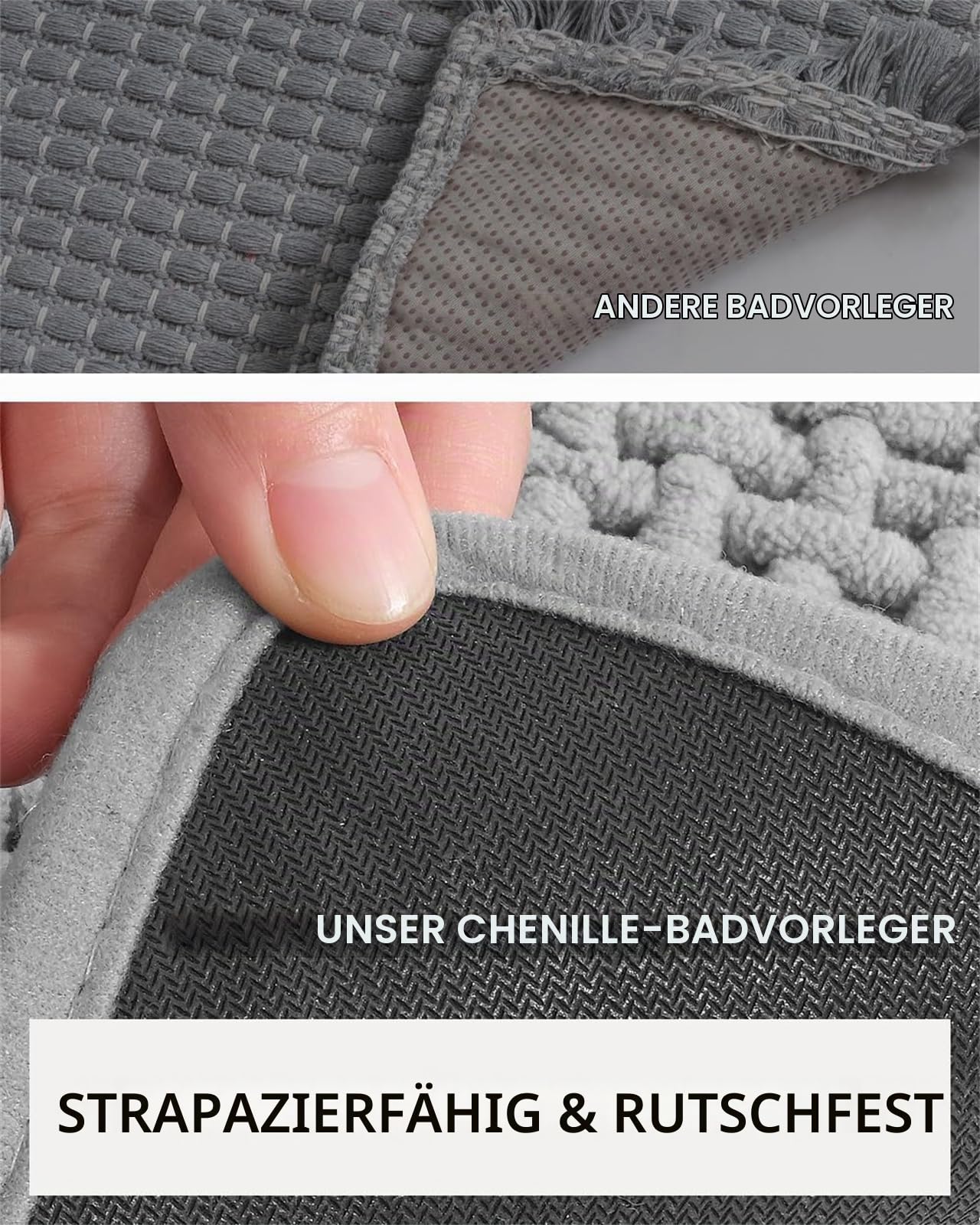 Chenille Badezimmerteppich rutschfeste Badematte Waschbar Badteppich Weich Badvorleger Saugfähige Duschvorleger für Badezimmer, 60x160 cm, Grau