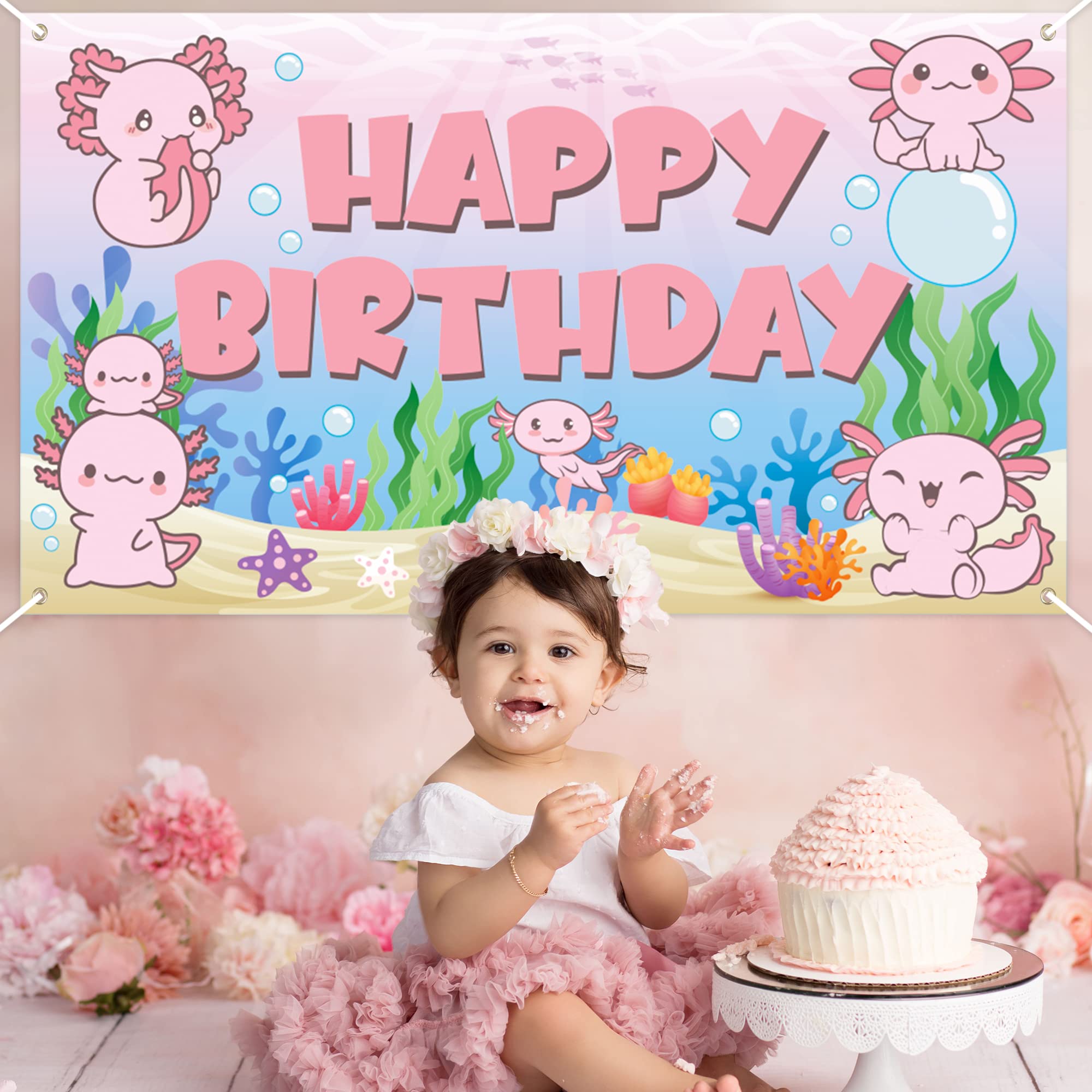 Obussgar Axolotl blu decorazioni per feste di compleanno – Axolotl accessori per feste tra cui striscioni Happy Birthday, spirali, topper per torte
