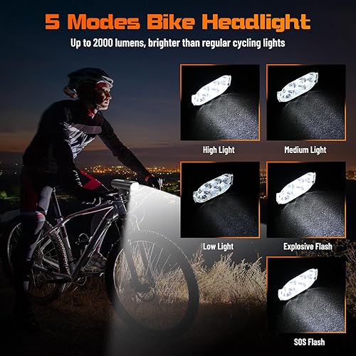 Miniatura 2 de 6 luces LED brillantes para bicicleta con soporte ajustable, luz delantera de bicicleta de 2000 lúmenes, faros delanteros de bicicleta recargables,
