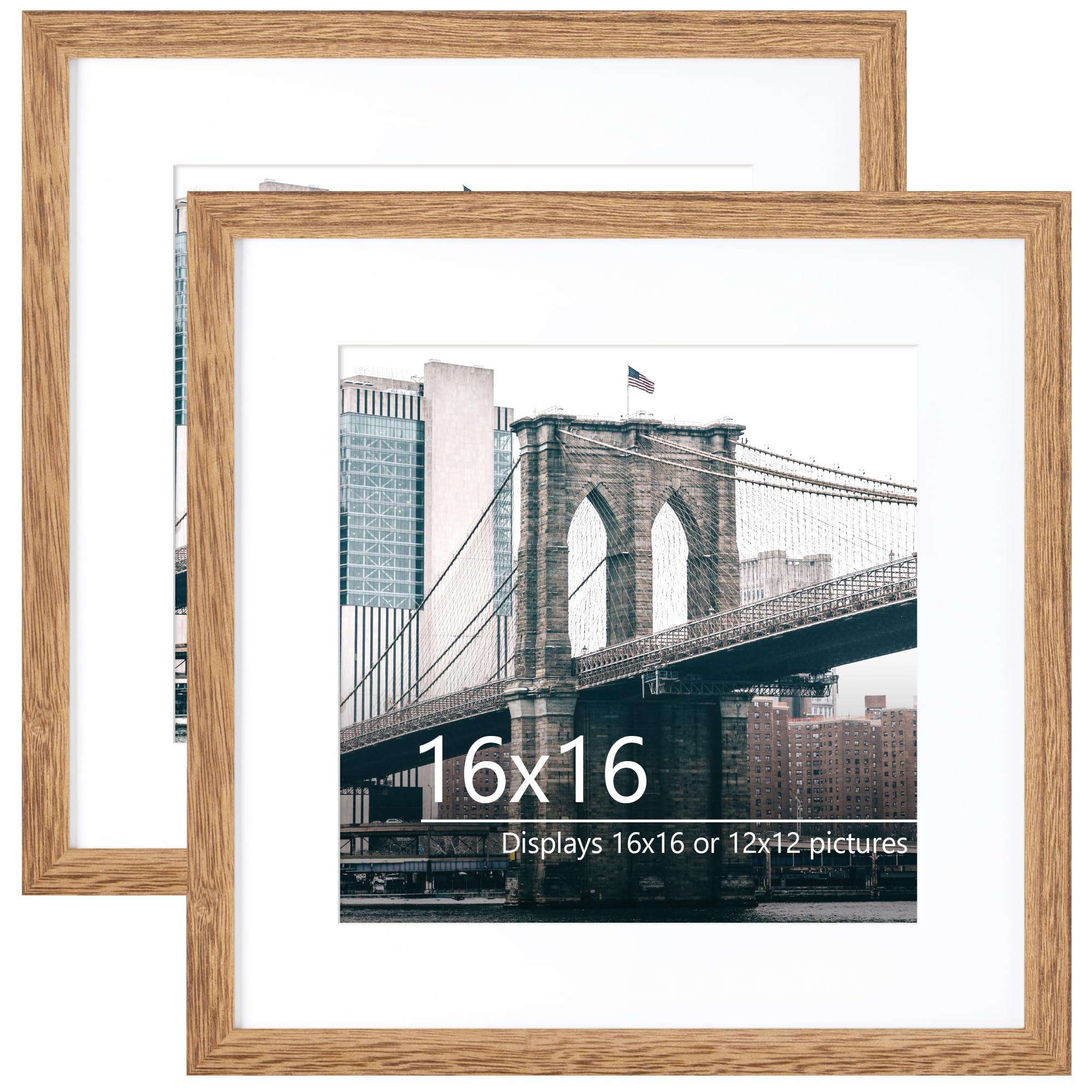 16x16 Picture Frame with Mat for 12x12, Square Frames 16x16 Made of Solid Wood with Plexiglass, 16 x 16 Poster Frame for Wall Mounting, 16x16 Inch Art Frames, Light Brown Color, 2 Pack