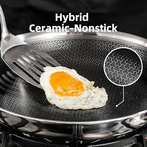 Miniatura 3 de DELUXE Juego de sartenes antiadherentes de cerámica híbrida de 5 piezas, sartenes de 8, 10, 12 pulgadas con tapas de vidrio templado, asas que se