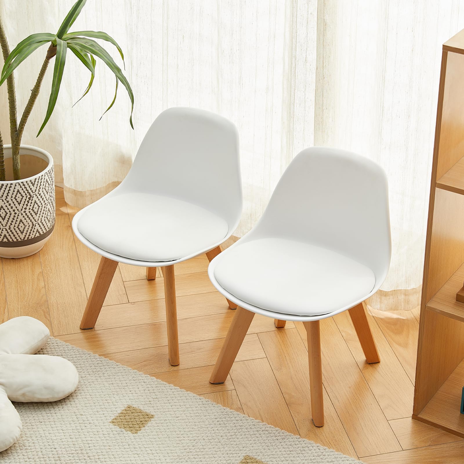 Set di 2 Sedie per Bambini con Gambe in Legno, Sedia Piccola in PP+PU con Schienale per Cameretta, Sedia da scrivania per Bambini, Bianco