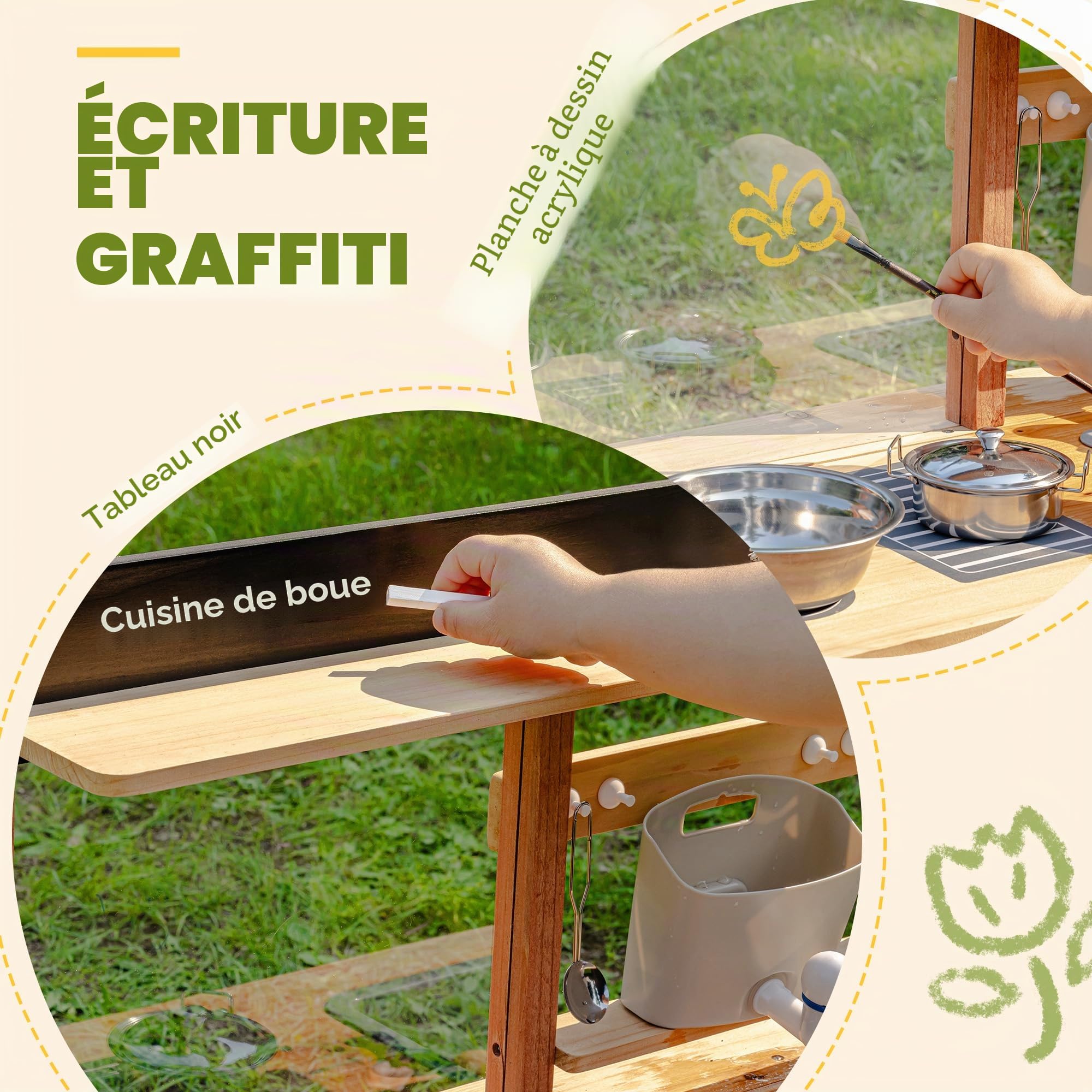 ROBUD Cuisine boueuse en Bois - Cuisine de Jeu d'extérieur avec Accessoires et Tableau à colorier - Jouet à roulettes pour Enfants à partir de 3 Ans