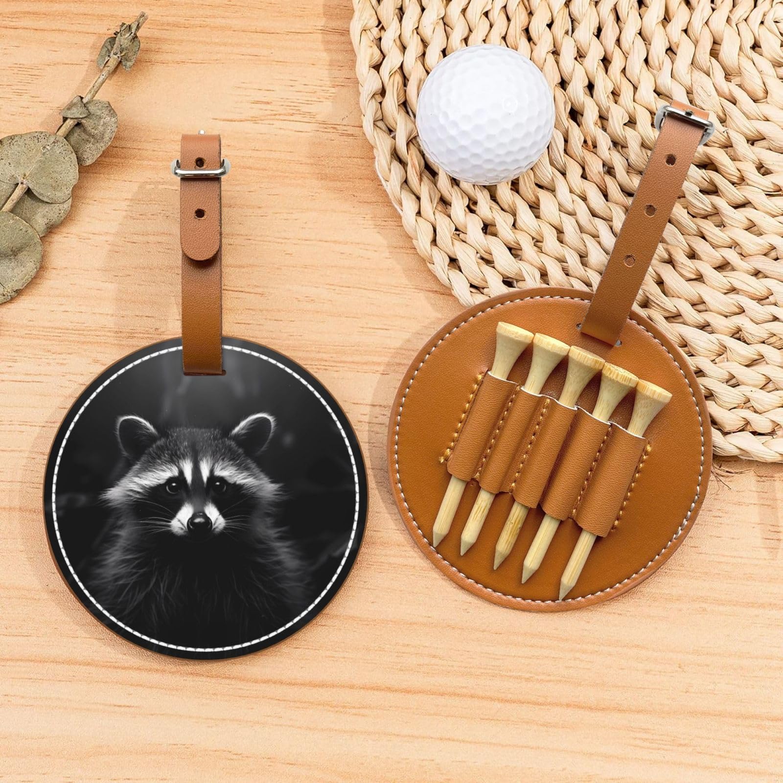 Black and White Raccoon Brown Golf tee Storage Bag - Durable and wear-Resistant Golf Accessories