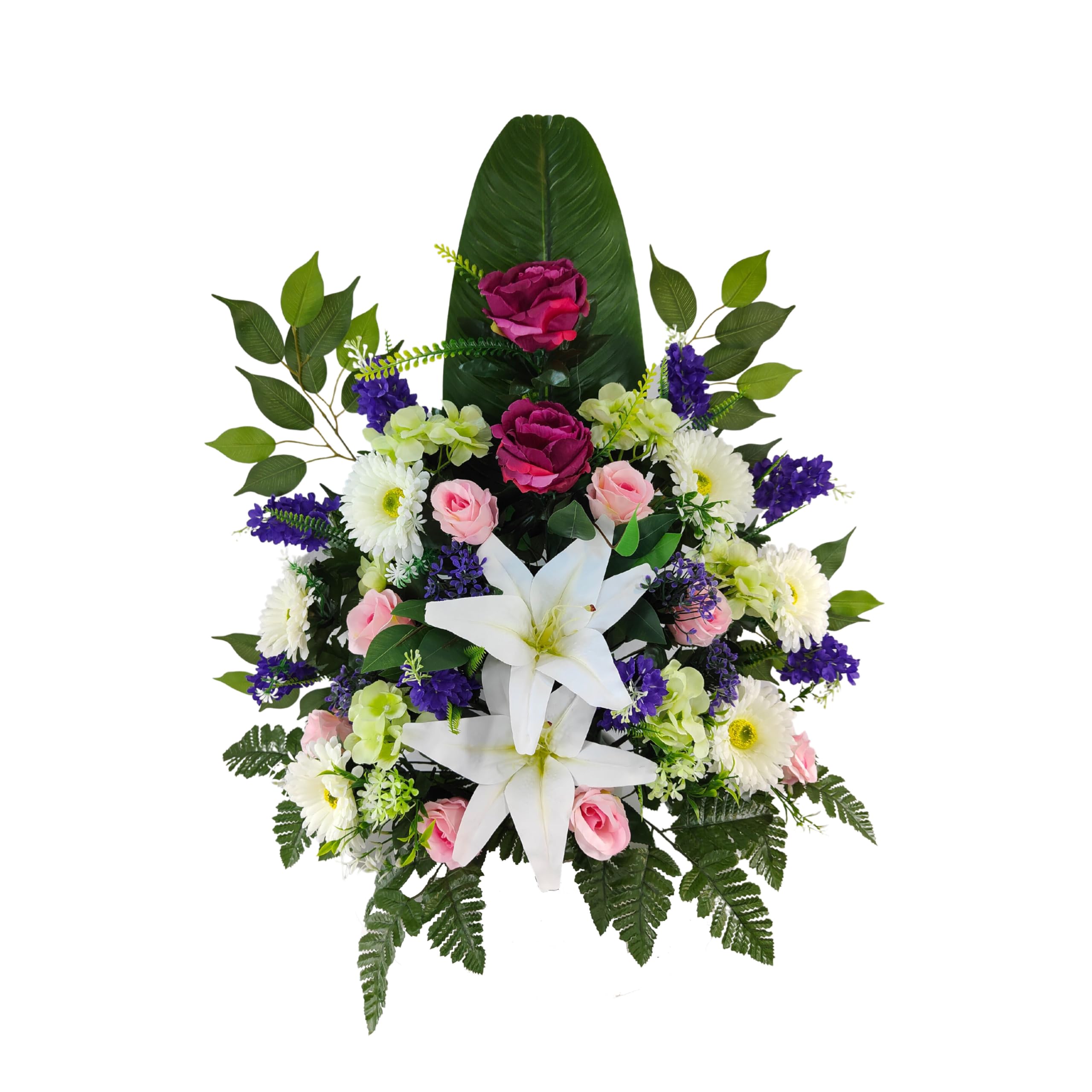 DRW Centre de Fleurs artificielles pour cimetière, Mariage, église avec lys, gerberas, Roses et Lilas 70 x 50 x 28 cm