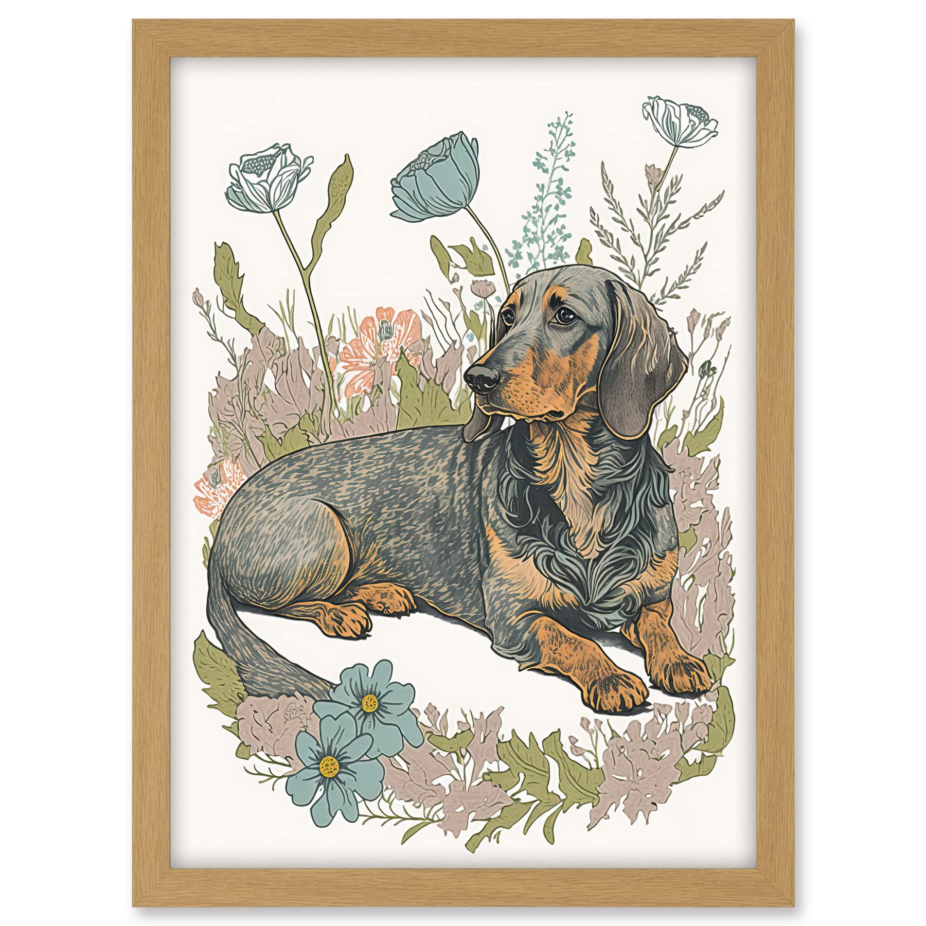 Artery8 Dachshund Dog Lying in Flower Field Pastel Watercolour Illustration Artwork Framed A3 Wall Art Print