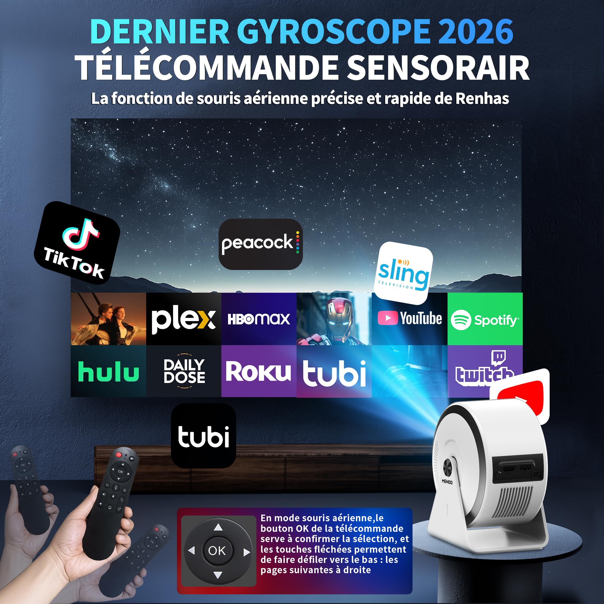[App integree] Mini Vidéoprojecteur Supporte 4K 1080P 2026 Upgraded AutoFocus & Keystone, Projecteur Correction 360" Rotation avec WiFi 6 etBluetooth 5.4 projecteur avec HDMI/TV Stick/USB/ - Blanc