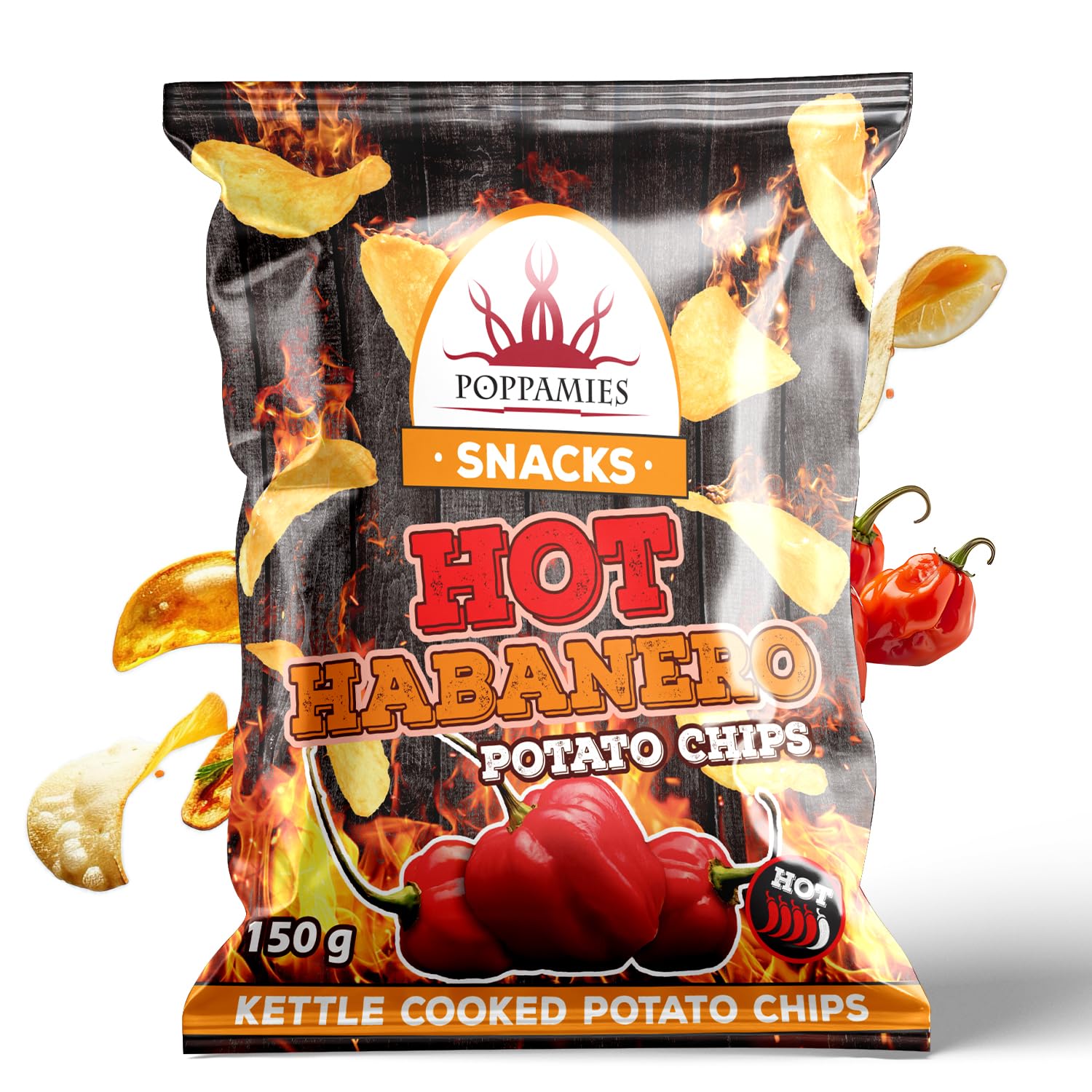Poppamies Hot Habanero Kartoffelchips – Extra Scharf, Dick Geschnittene, Knusprige Chips – Hergestellt mit Echter Habanero-Chili für Feurige Schärfe – 150g Packung