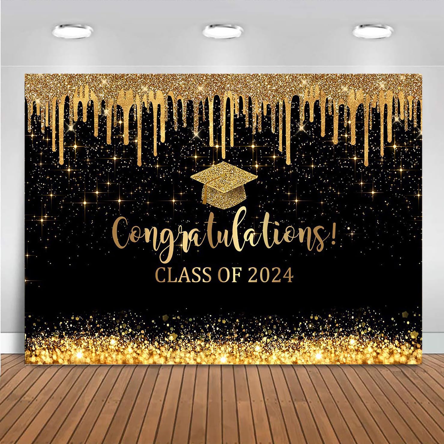 Mocsicka Graduation Backdrop 2024 Black and Gold Graduation Decorations Class of 2024 Congrats Grad Banner 2024 Congratulations Graduate Photo Background (black gold -1, 10x7ft)