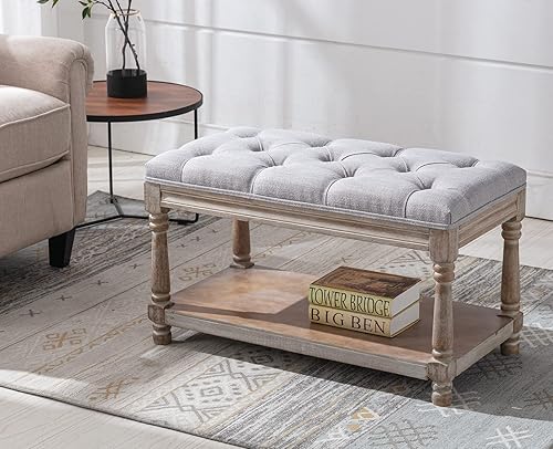 Miniatura 2 de Guyou Banco francés de 2 asientos con banco de entrada de tela de almacenamiento, banco de vestíbulo con estante para zapatos, 31.5 pulgadas de