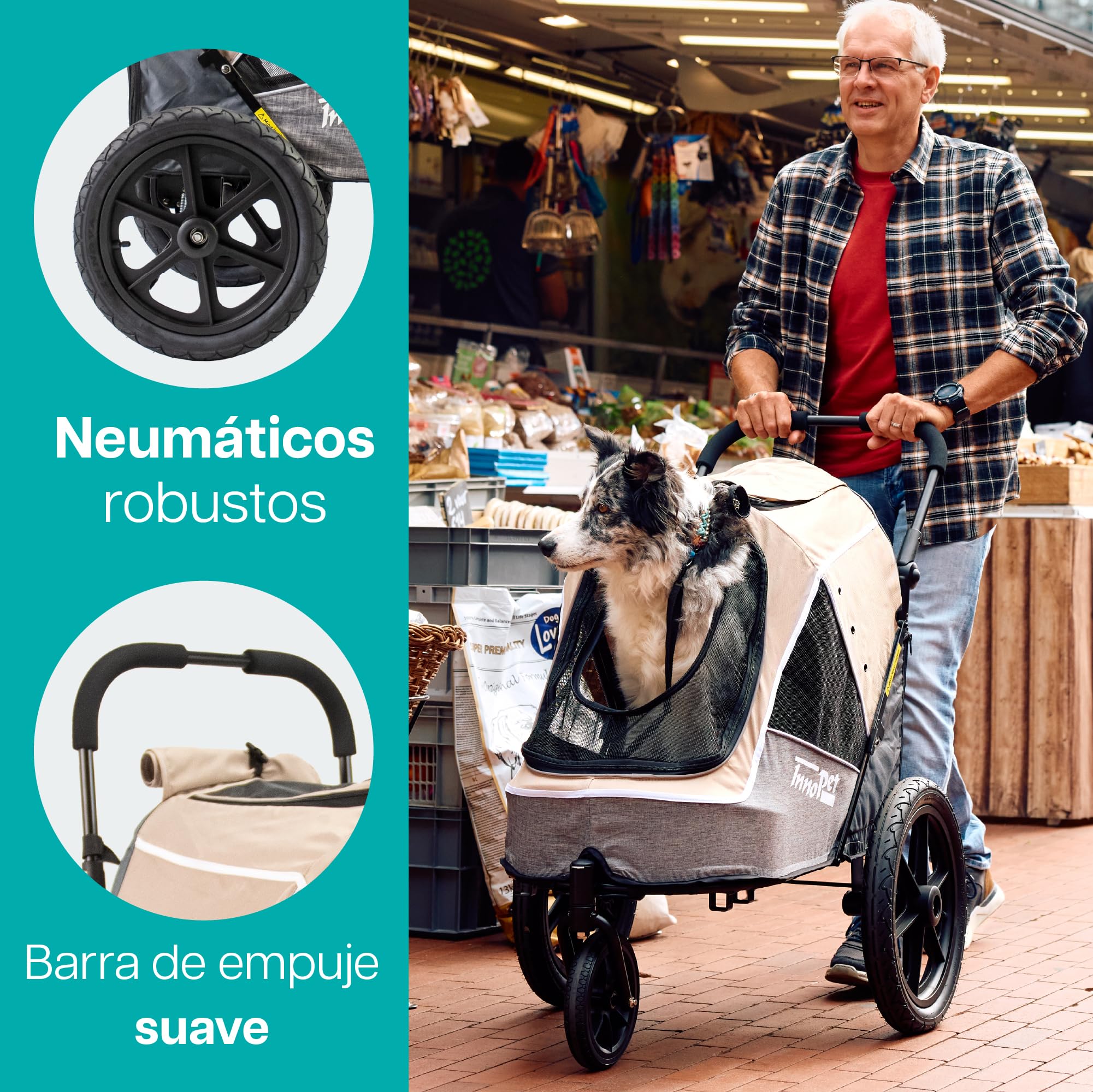 Innopet Sporty Evolution Latte - Cochecito y remolque para perros 2 en 1 beige/gris, hasta 30kg, con cubierta de lluvia, reflectores y correas de seguridad
