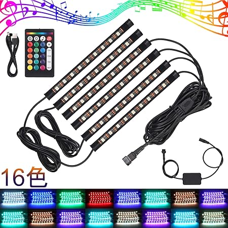 Amazon Autoutlet 6pcs Ledテープライト 16色 6x9led Usb Ip65防水 音に反応 24キーrfリモコン付き カー インテリア Rgbカラー 車内装飾用 車 テレビ 家庭用 ミネーション ストリップライト 5v低電圧 Smdネオンランプ 車 バイク 車 バイク