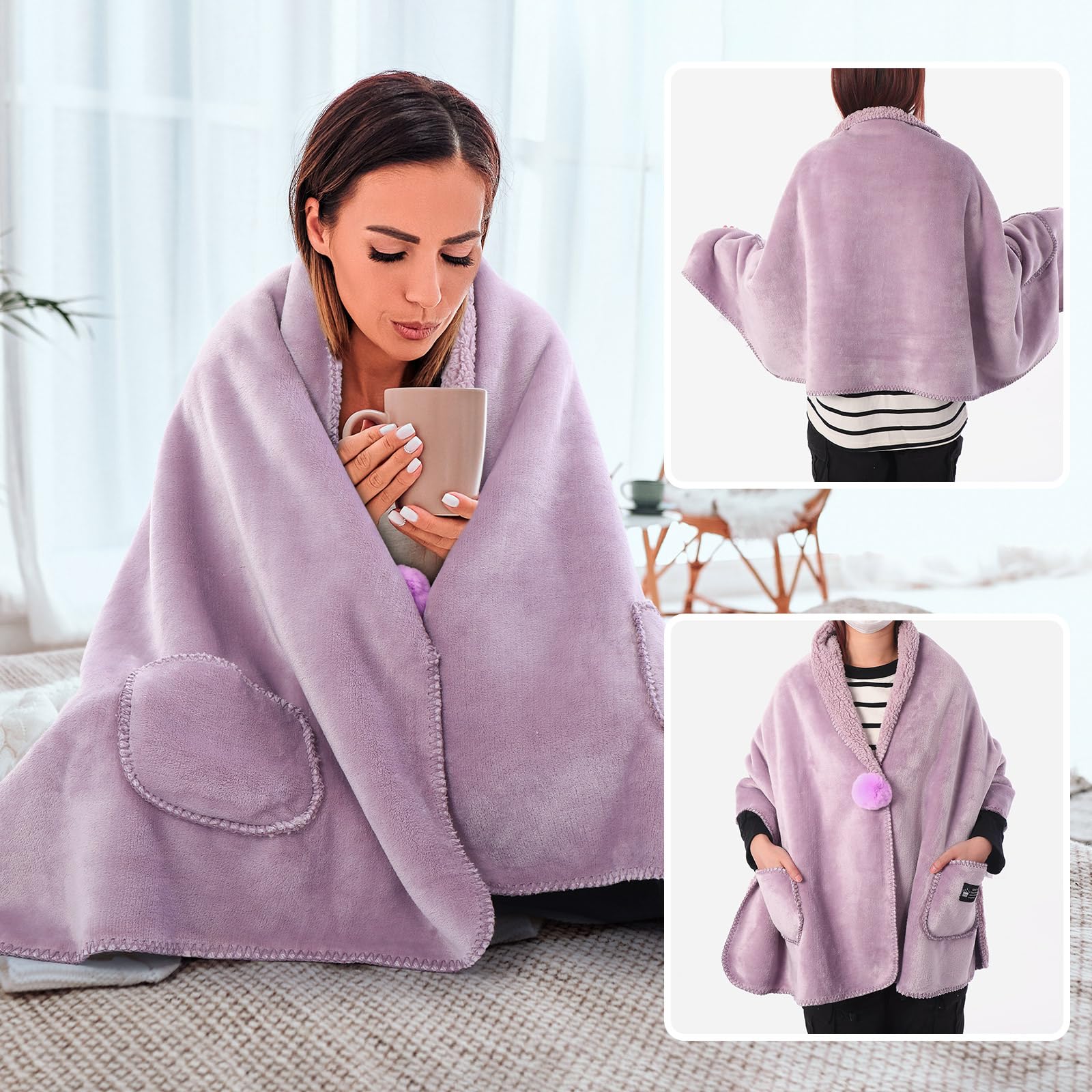 Geyoga Lot de 3 ponchos en polaire confortables avec grandes poches avant pliables - Chaussettes douces et pelucheuses - Cadeaux de Noël pour femme et grand-mère, violet, 65*170cm