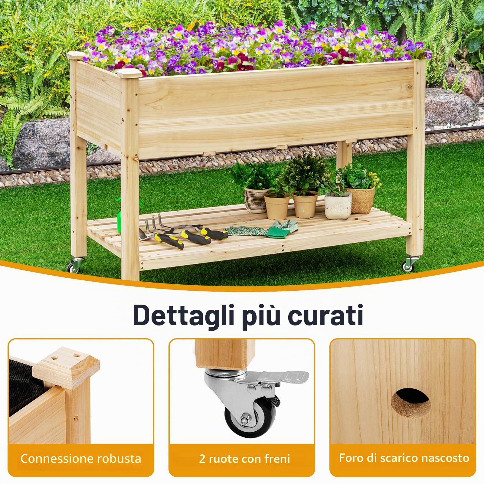 HOMASIS Aiuola Rialzata da Esterno in Legno, Letto da Giardino con Ruote, Vaso per Piante con Fori di Drenaggio e Rivestimento, Fioriera Rialzata da Balcone, Giardino, Terrazza, 120 x 59 x 84 cm