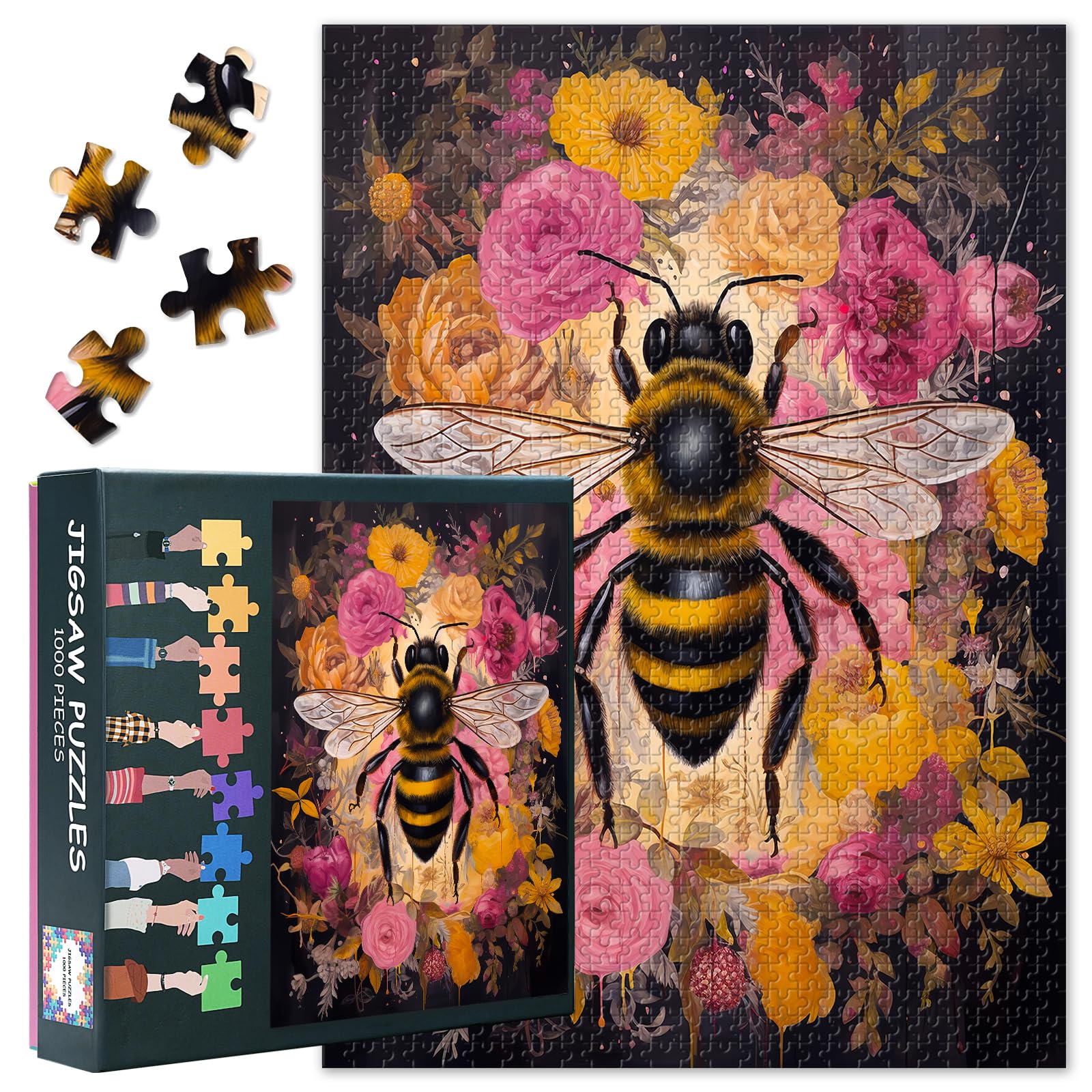 ‌Jigsaw Puzzle for Adults 1000 Piece Honey Bee Pollinator Art with Hyperreal Floral Biomechanics for Biophilic Stress Relief & Botanical Education Decor 27.5x19.7 Inch‌