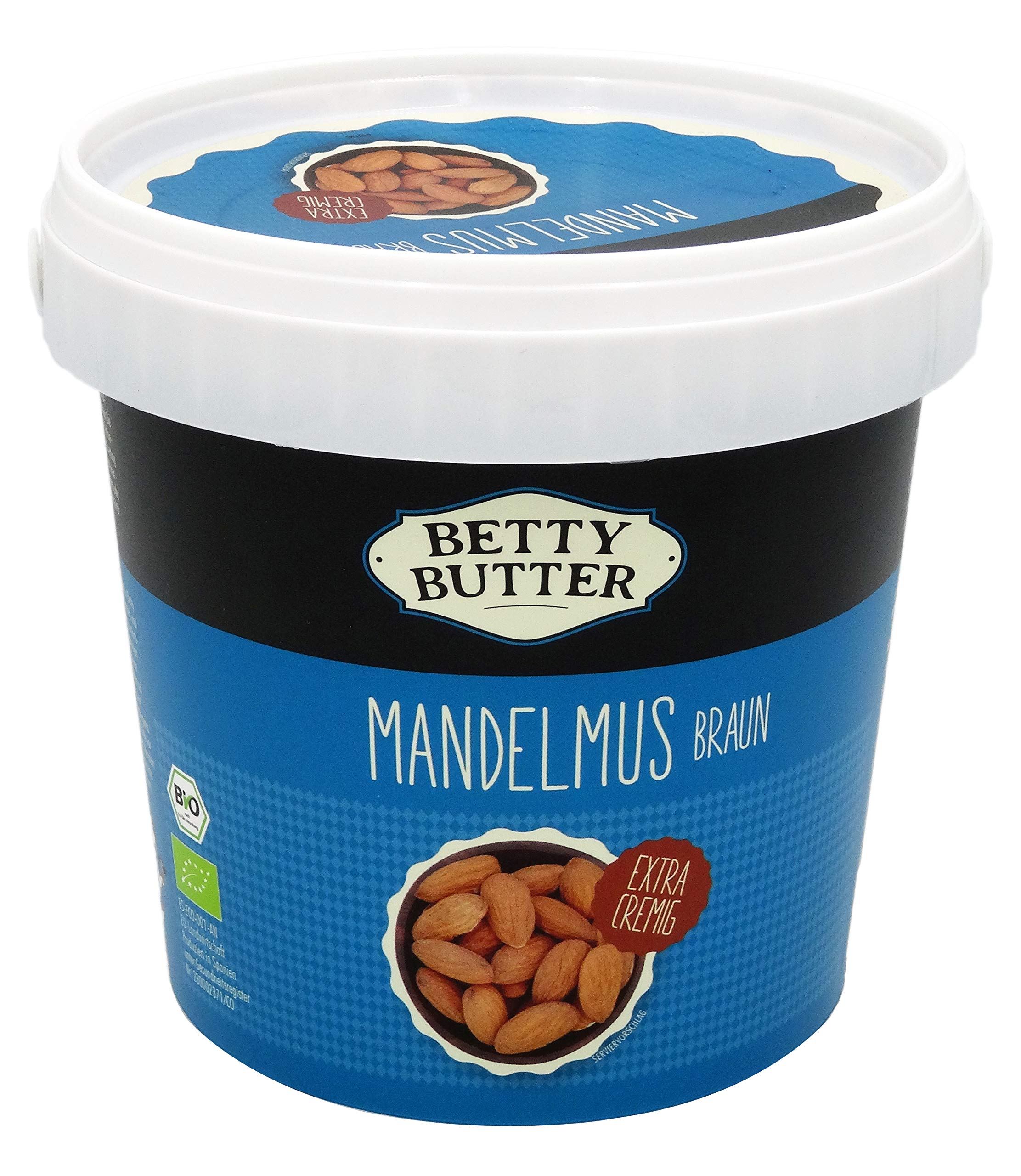 Bio Premium Mandelmus braun, geröstet, 1 kg Eimer, natürliches Nussmus ohne Zucker, Mandelmus ohne Zucker, Mandelpüree, Mandelbutter, ohne Zusatzstoffe, kein Palmöl