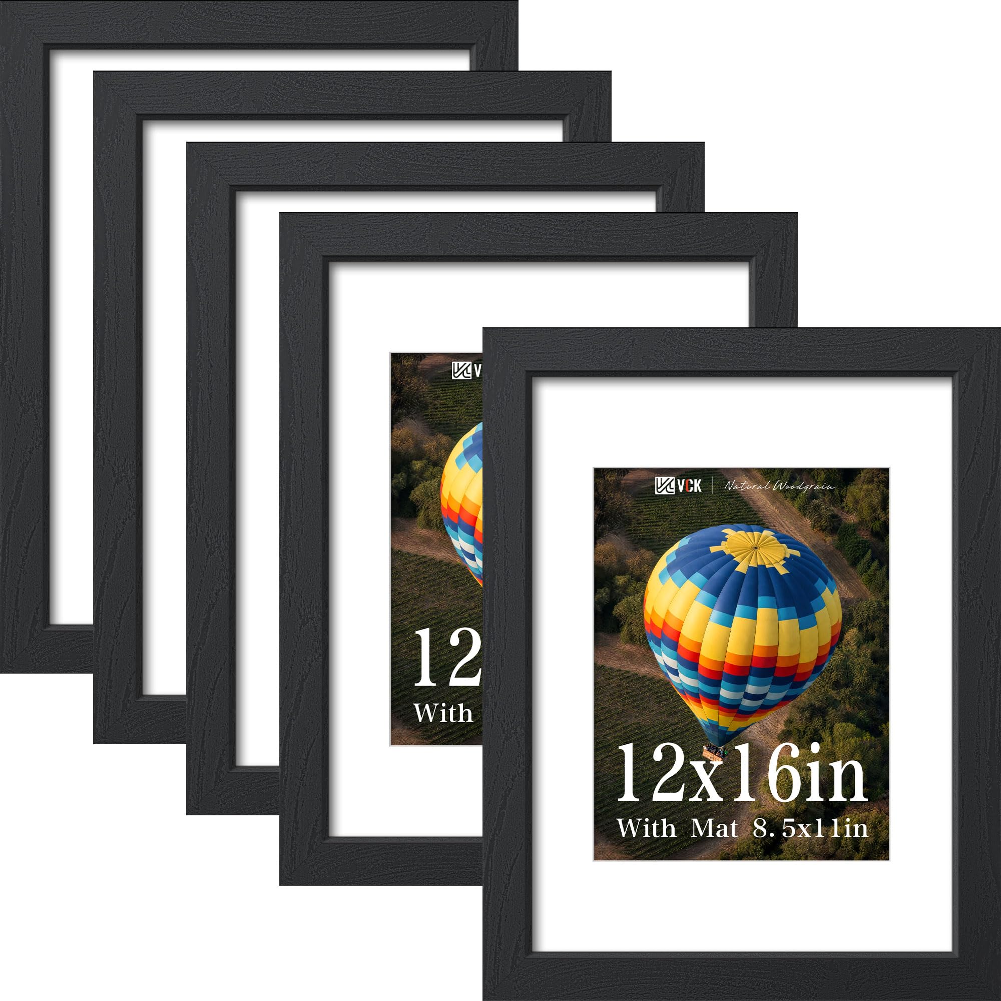 VCK 12x16 Picture Frame 5 Pack, Black Exclusive Wood, Real Glass, for Print