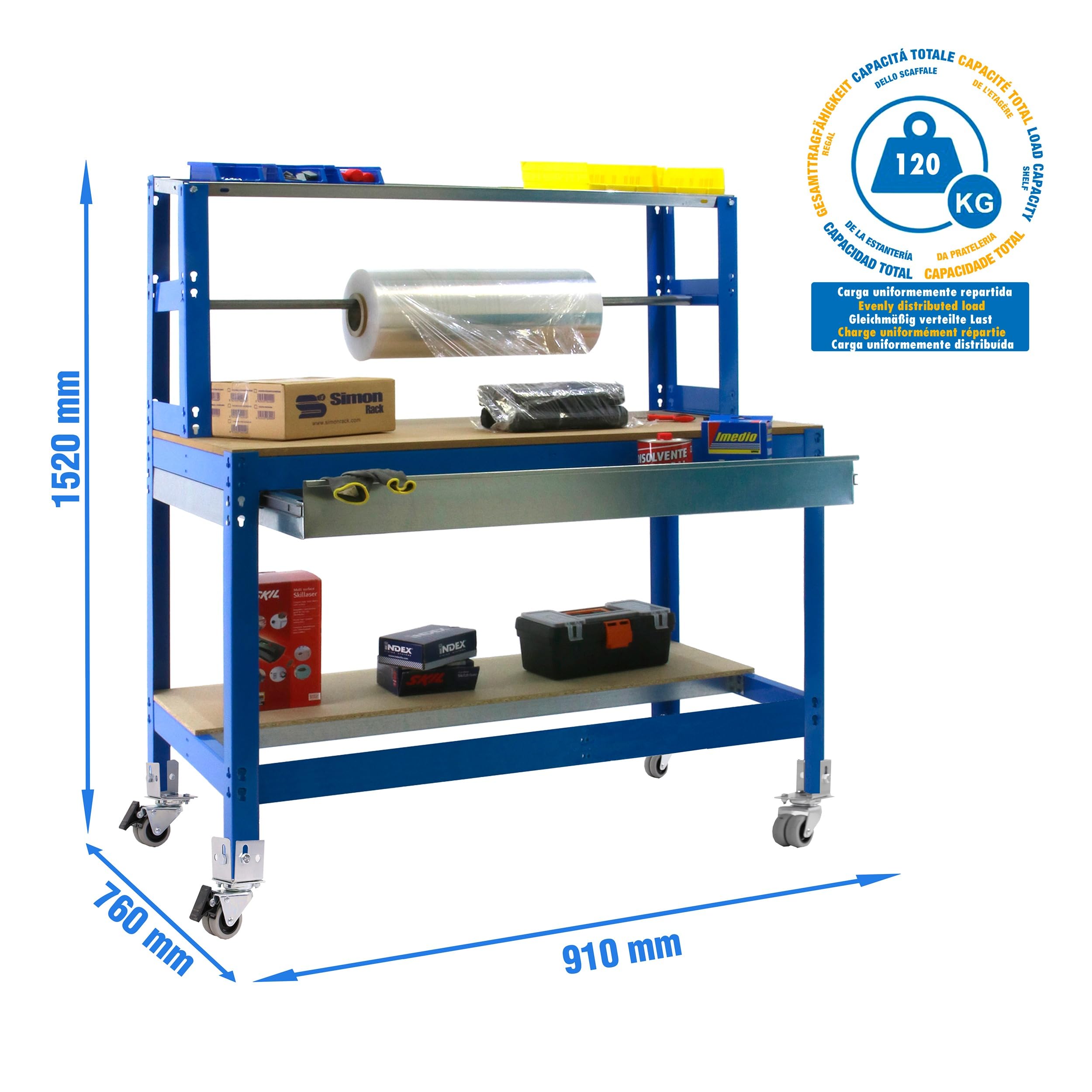Simon Rack Banco de Trabajo Taller con Ruedas 910x760 mm - BT4 | Porta Rollo y Cajón, Tablero madera 16 mm, Capacidad Carga 120 kg, Azul , Pintura anticorrosión, Montaje sistema clic