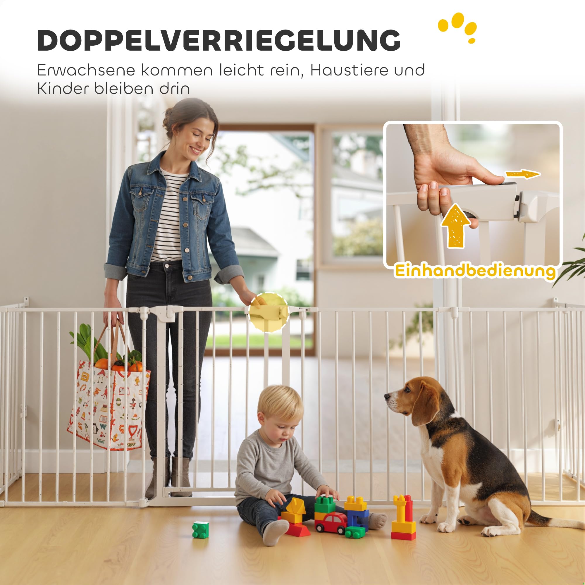 PawHut Welpenauslauf, 8-teilig Welpenlaufstall mit Tür, faltbar Laufstall Baby mit Doppelverriegelungssystem, 61x75cm Hundelaufstall für drinnen und draußen, für Kinder kleine mittelgroße Hunde Weiß