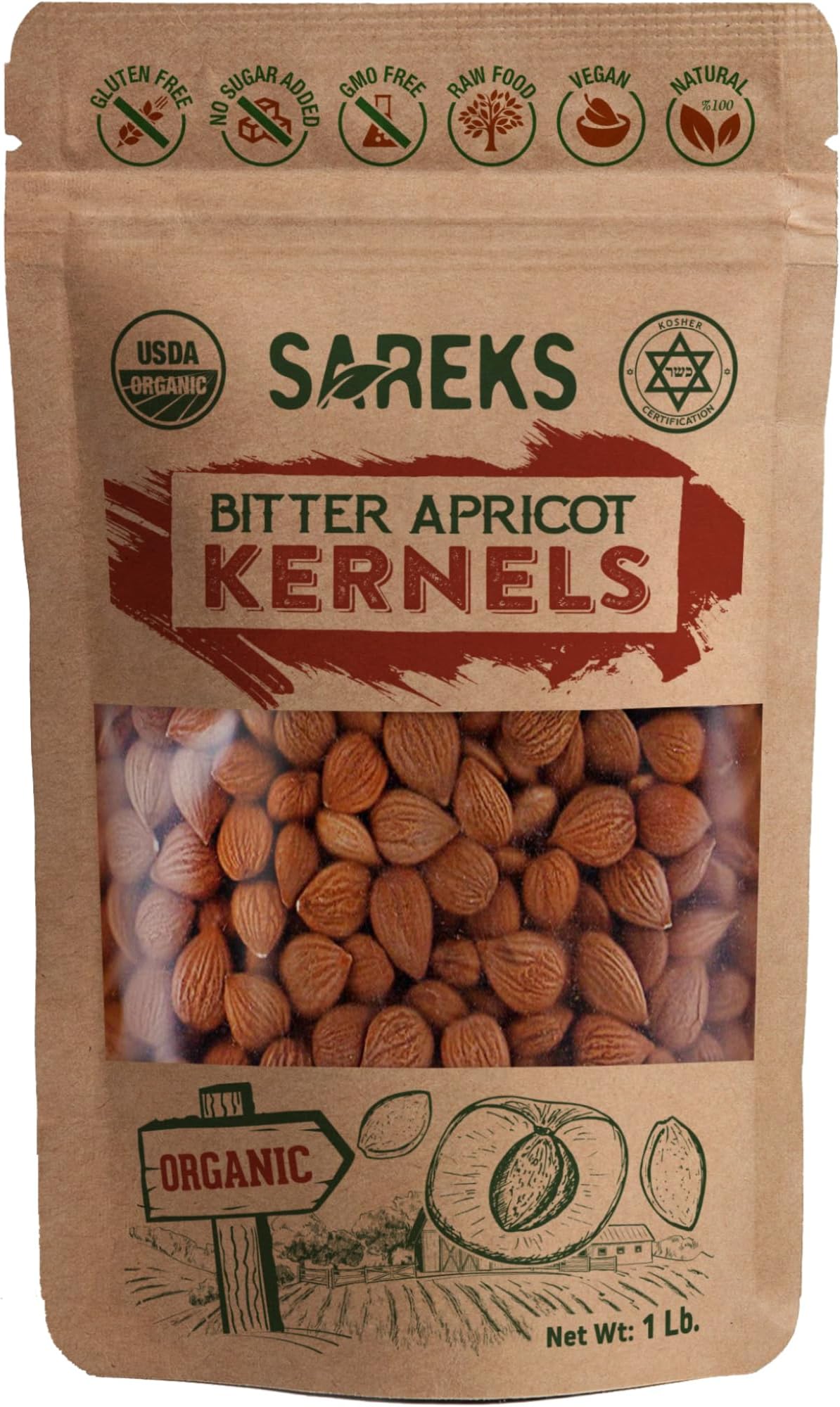 Bitter Apricot Kernels Organic Raw (1LB),%100 USDA Organic Certified Seeds, NON-GMO, Product of Turkey, Gluten Free, Resealable Bag
