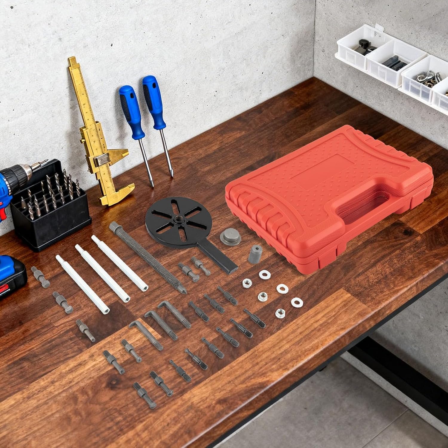 Kit Multifuncional para extraer rodamientos con Martillo Deslizante y Extractor de Orificios internos, 3 mordazas Curvas y 18 extractores para rodamientos Ajustados.
