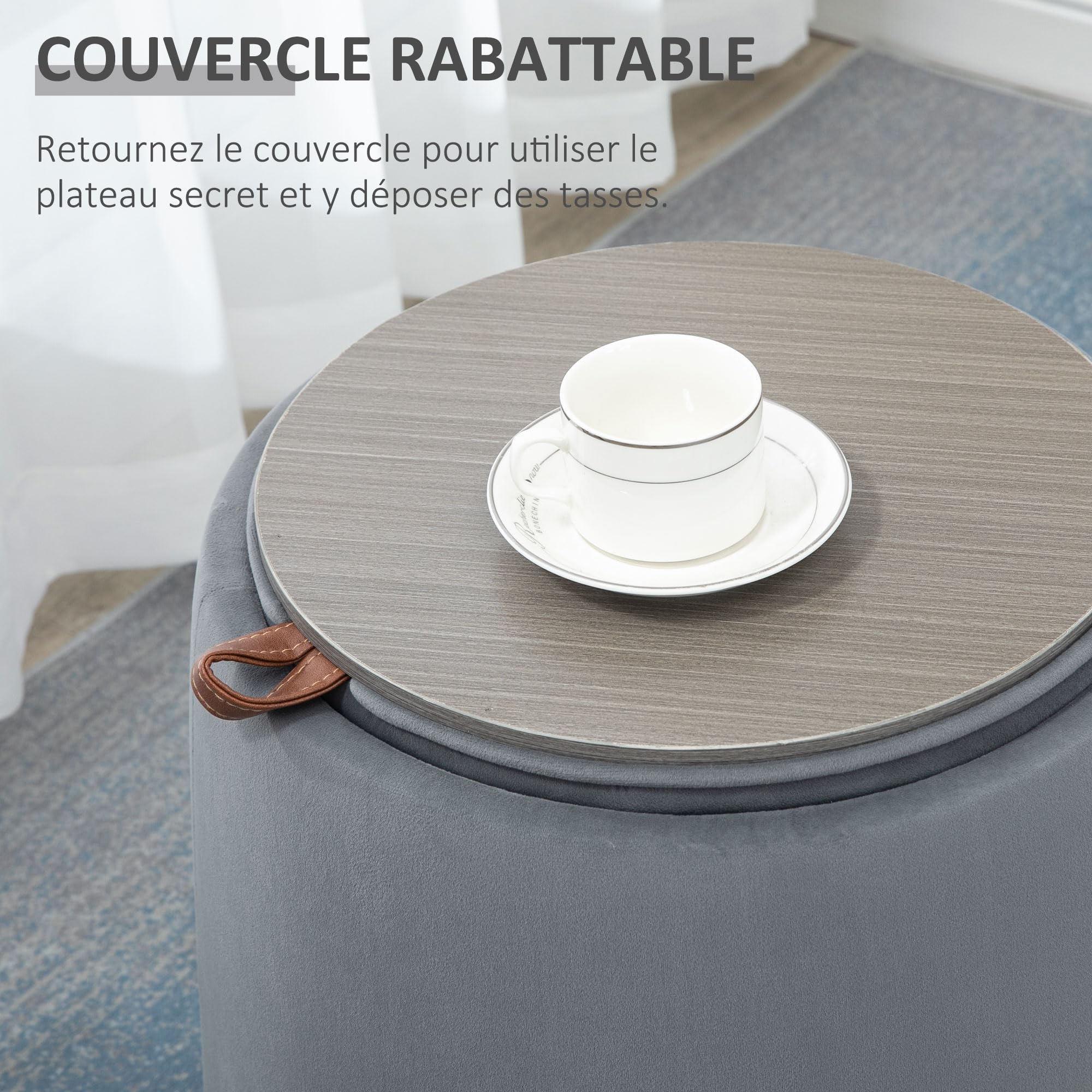 HOMCOM Pouf Coffre Rangement, Tabouret Rond avec Couvercle réversible, Pouf Repose-Pieds en Tissu Velours givré, pour la Chambre à Coucher, entrée, Salon, Charge 150 Kg, Ø 44 x 47,5 cm, Gris