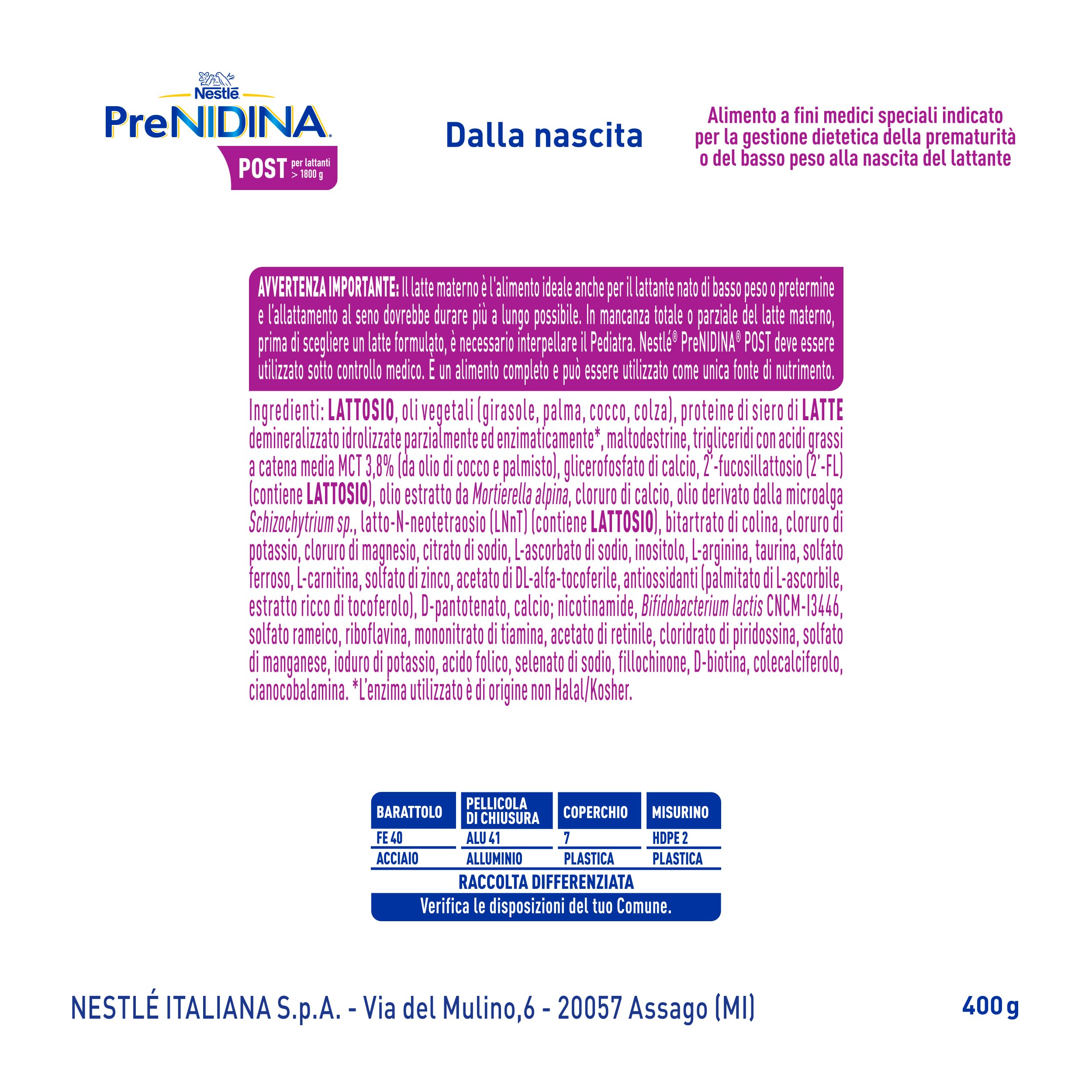 PreNIDINA Post Polvere Alimento a Fini Medici Speciali, Latta 400g